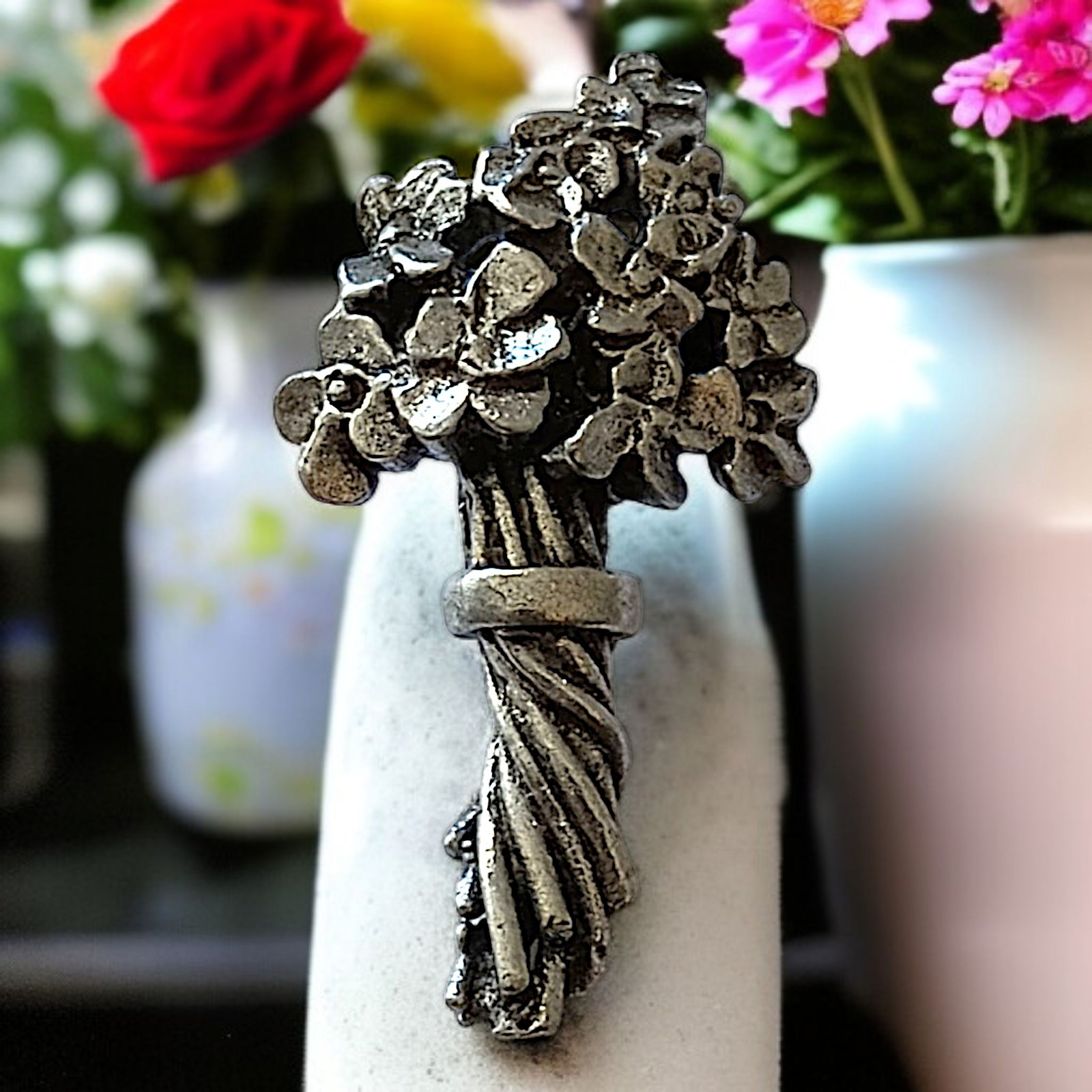 Jim Clift Bouquet Of Flowers Pewter Lapel Pin Tie Tack Brooch Vintage Cottage
