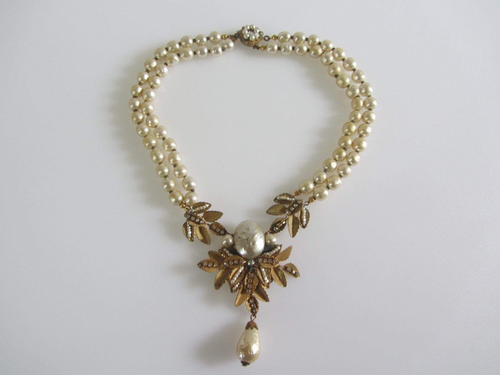 Vintage Signed Miriam Haskell Double Strand Pearl Necklace with Ornate Leaf Pend