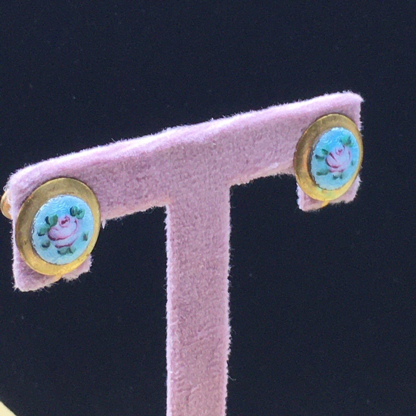 Guilloche Floral Earrings Gold Tone Teal Blue Pink Rose Painted Screw Back .5″