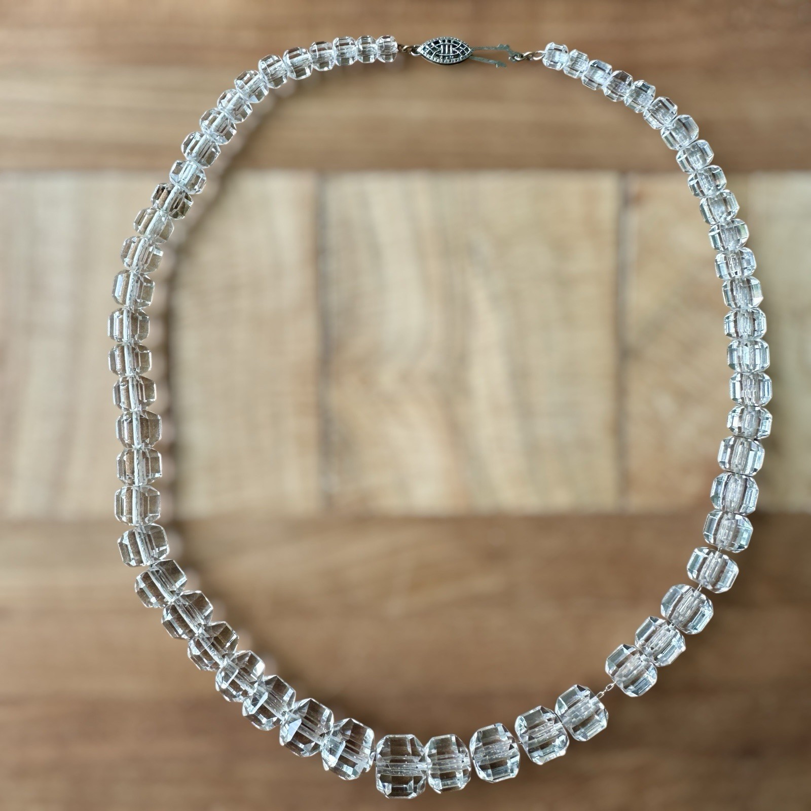 Vintage Deco Graduated Bead Necklace 17 Inch Faceted Clear Crystal 925 Sterling