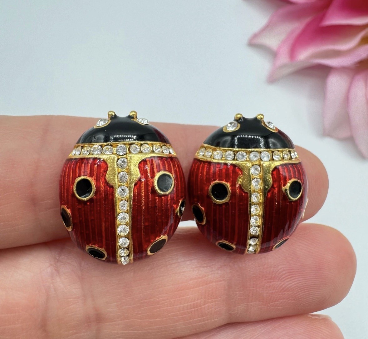 Vintage Signed MULTILANA Red Enamel Ladybug Clip On Earrings Lucky Bug Pair
