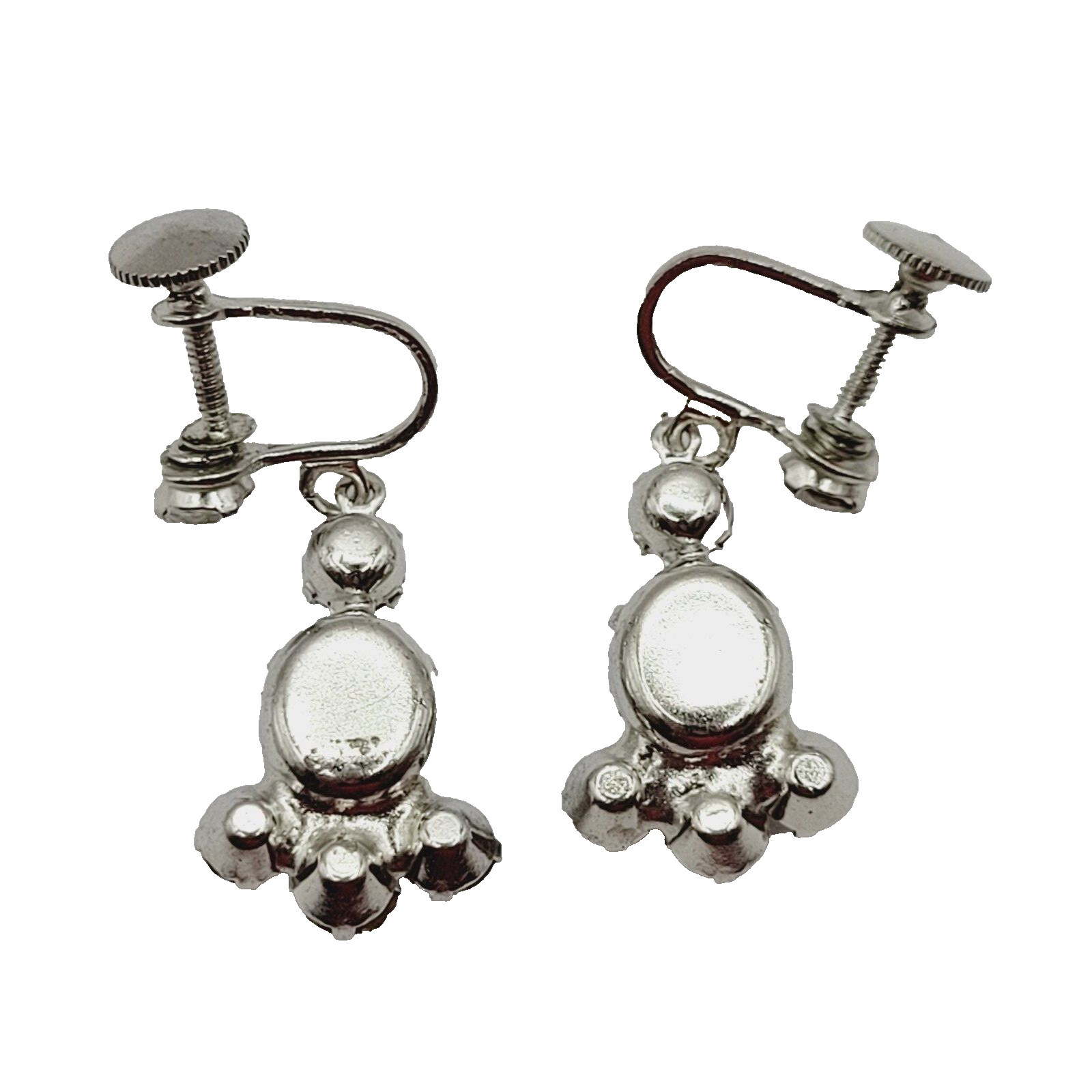Crystal Rhinestone Cluster Silver Tone Drop Dangle Screw Back Vintage Earrings