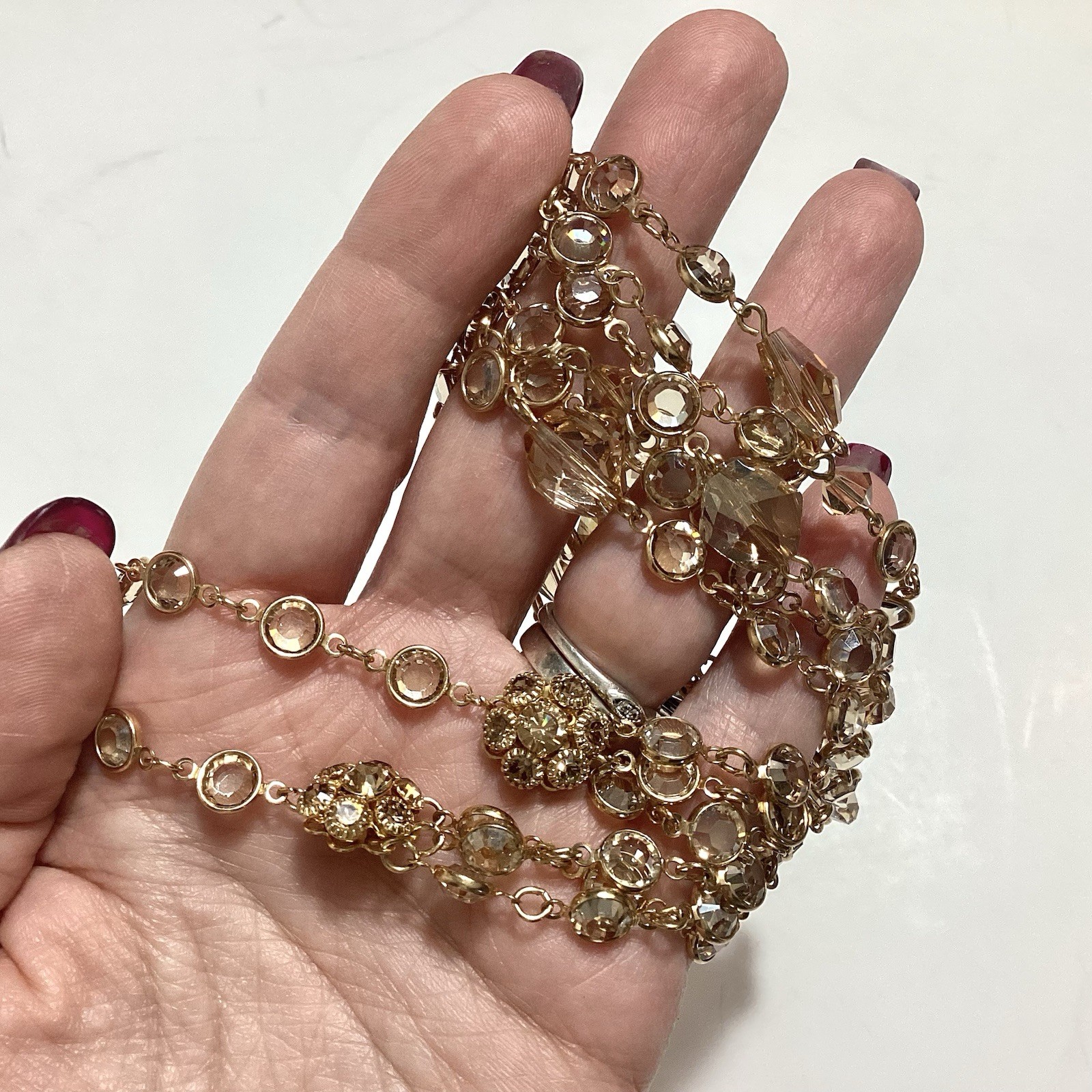 Austrian Crystal USA Signed GoldTone Bezel Champagne Multi-Strand Necklace 24.5”