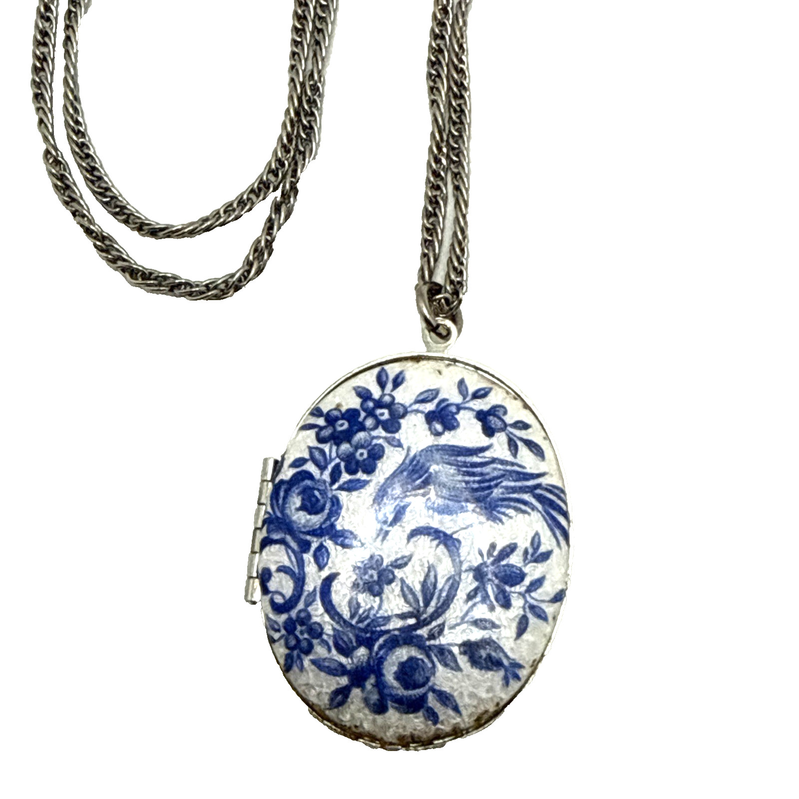 Vintage Guilloche Locket Blue White Enamel Bird of Paradise Floral 24″