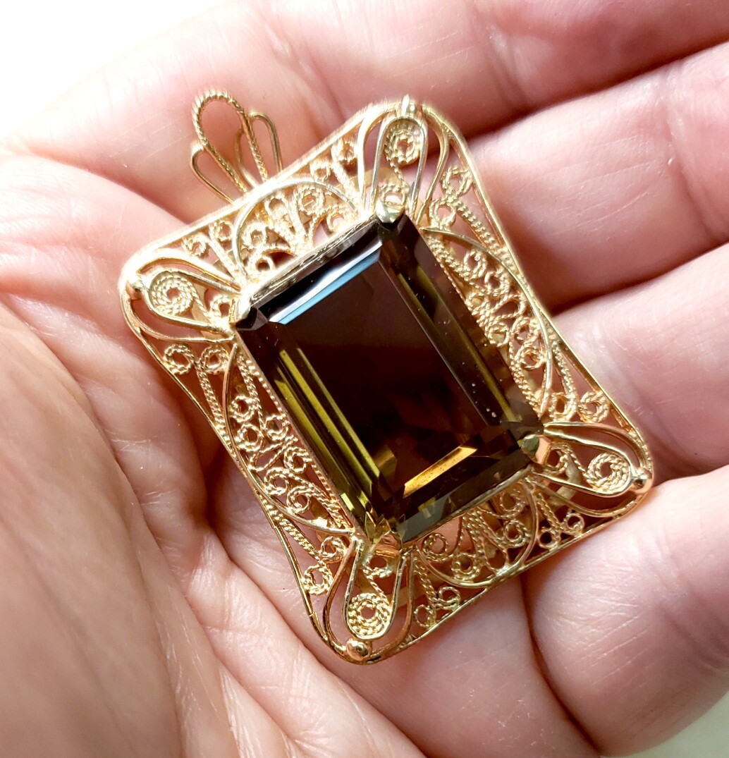 VINTAGE STUNNING RARE 14K ROSE GOLD SMOKY QUARTZ 16.8 GRAM PIN BROOCH PENDANT