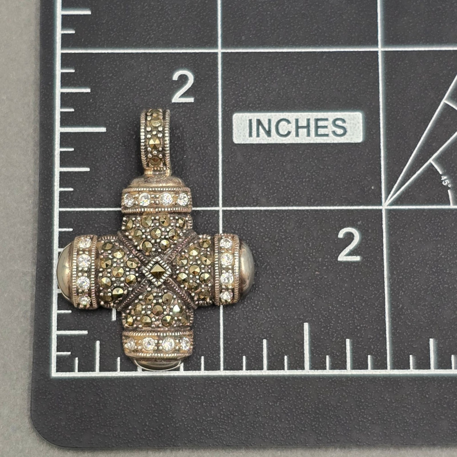 Vintage Sterling Silver Maltese Cross Marcasite Quartz Enhancer Pendant 1.5″