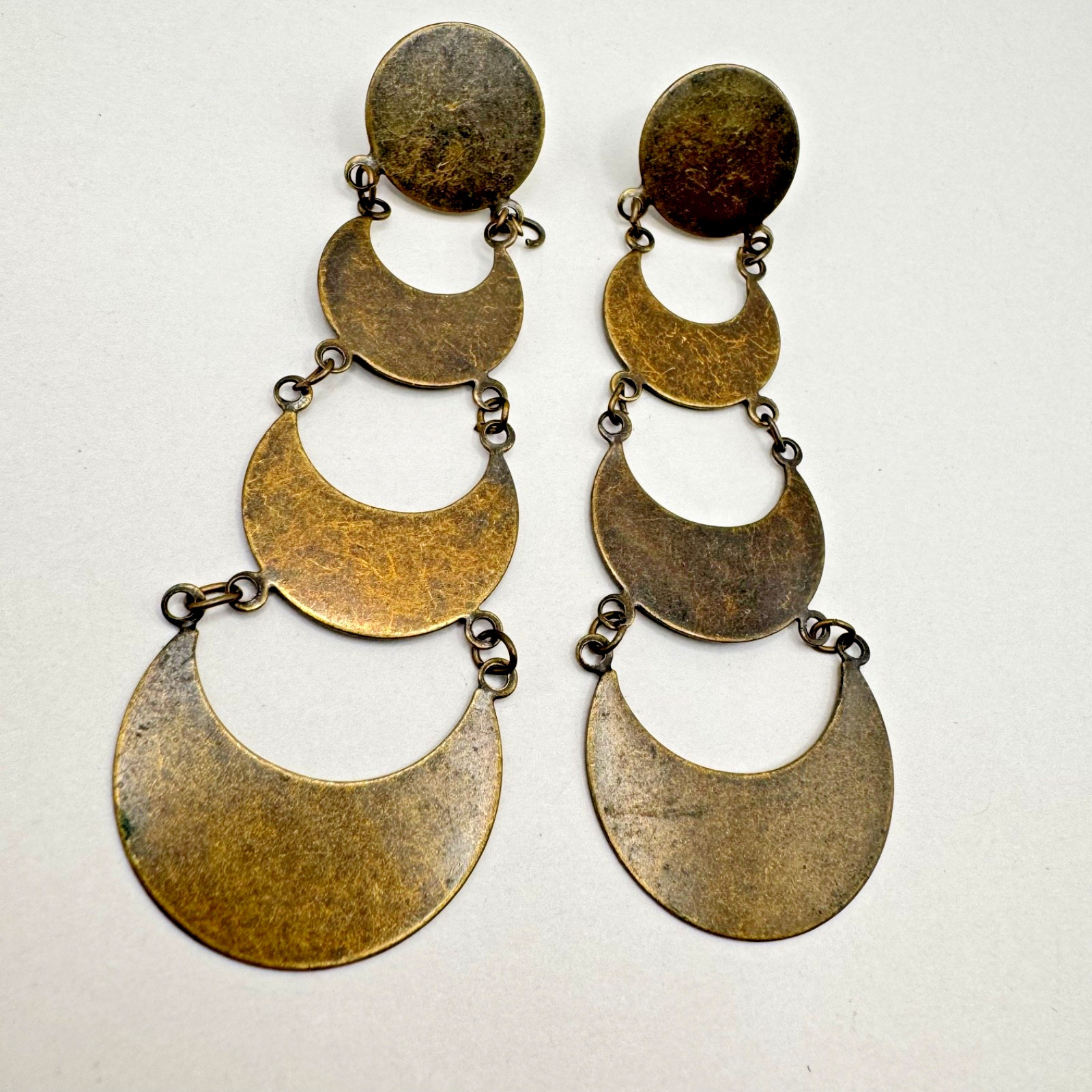 Vintage Brass Geometric Dangle Pierced Earrings Boho Mod Statement Tiered Disc
