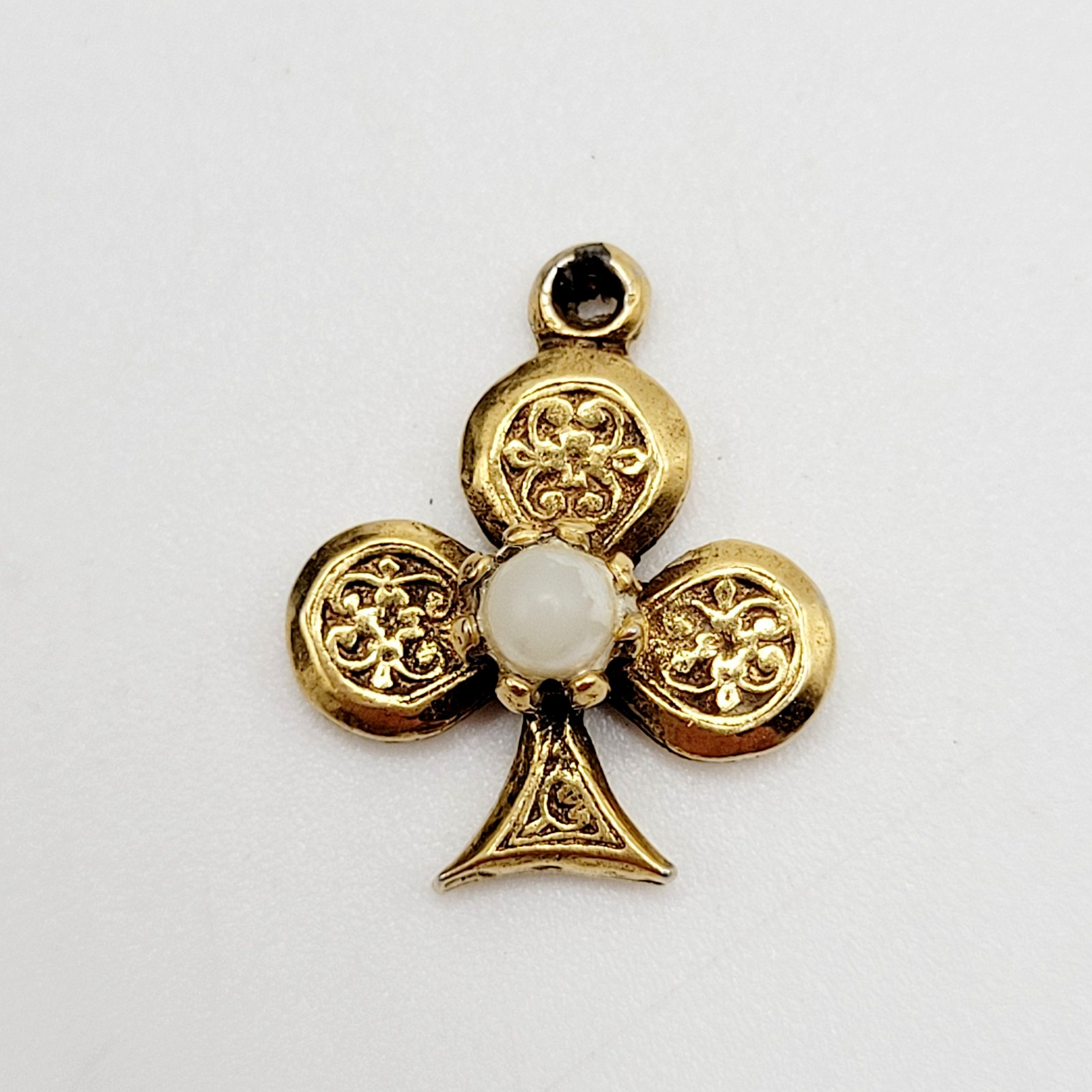 Clover Trefoil Shape Baroque Revival Vintage Gold Tone Faux Pearl Charm Pendant