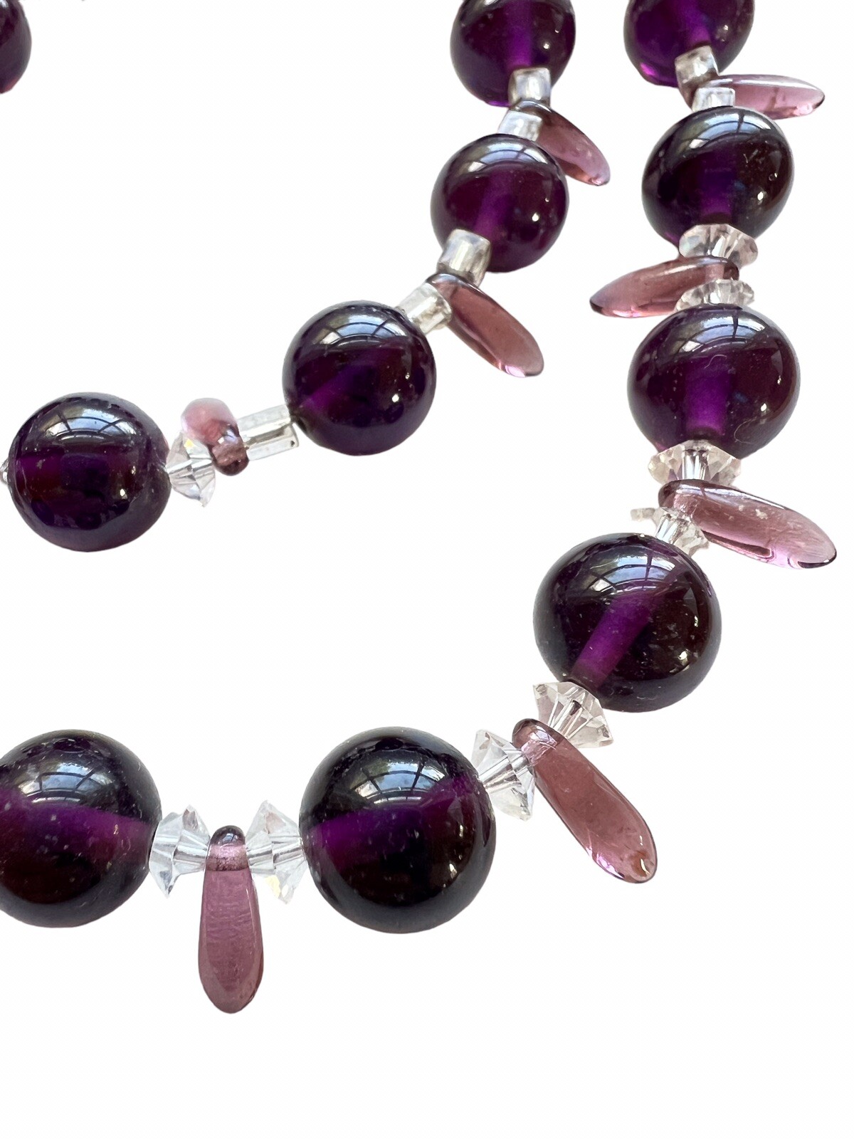 Vintage Amethyst Glass Bead Necklace Crystal Spacers Points Slver Tone Clasp B7