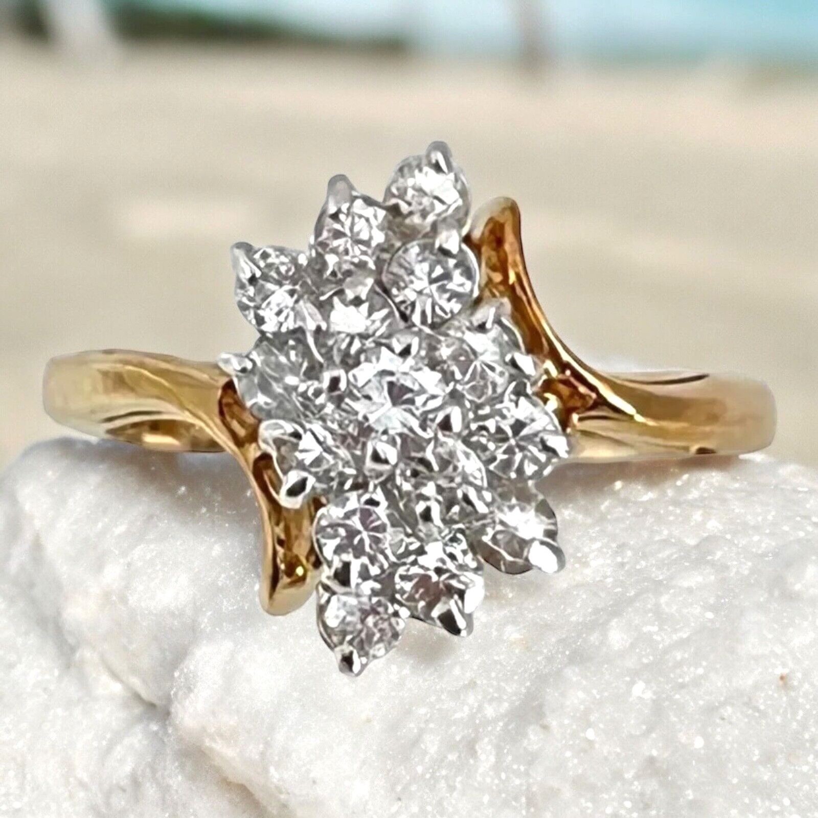 Vintage 1970s Ring Size 7 CZ Cluster Prong Set Gold Plated – 14Q