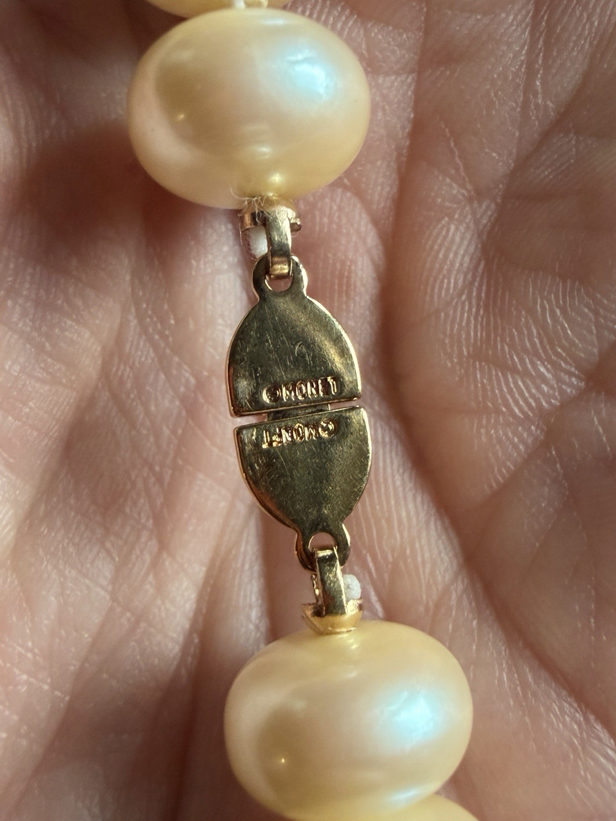 Monet Signed Vintage Faux Pearl Necklace Oval Baroque Gold Spacers 16.5 in