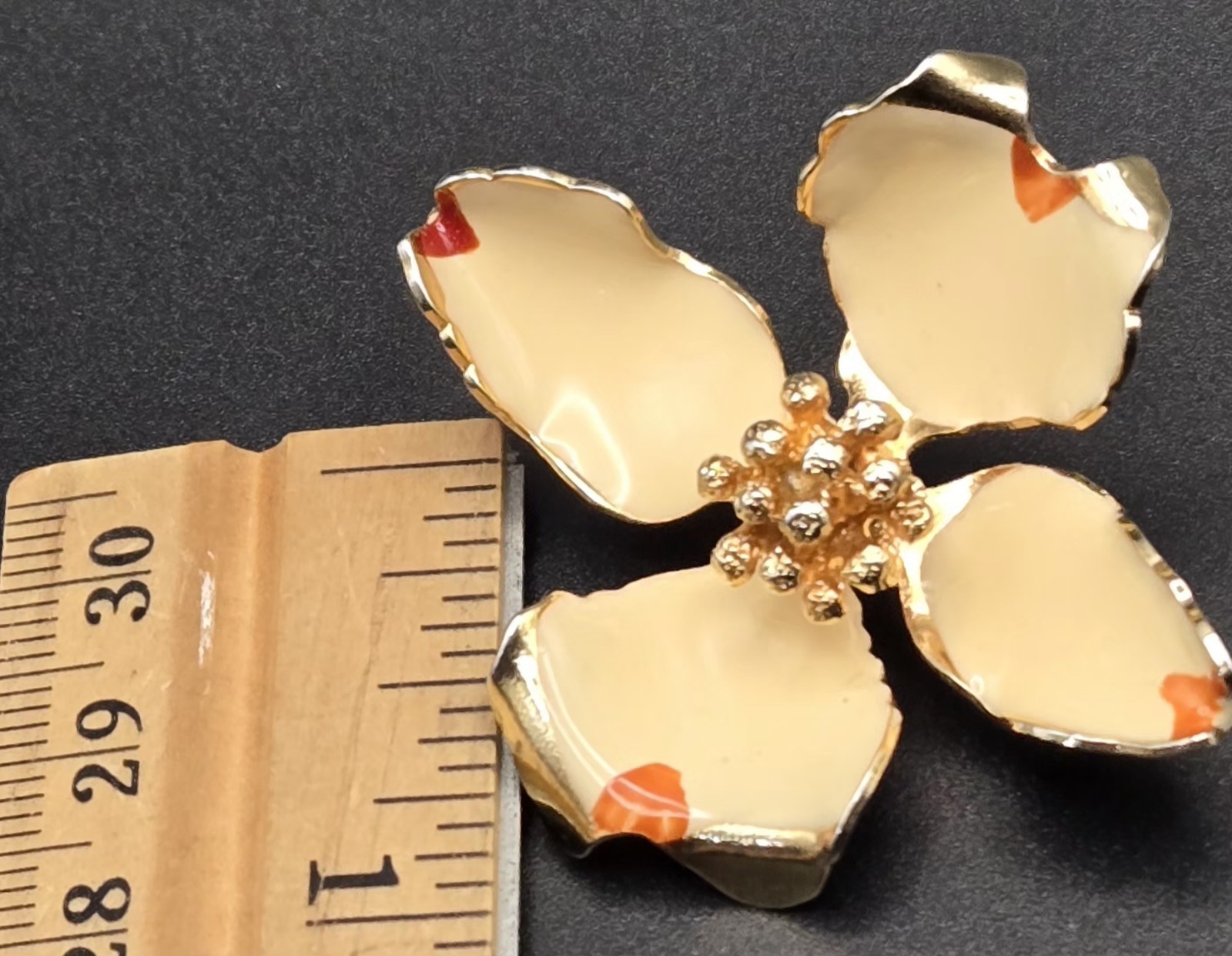 Vintage Signed CERRITO Enamel Flower Brooch Pin Cream Gold Orange 2″