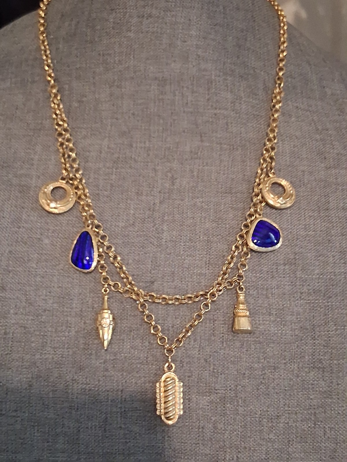 Cobalt blue poured glass dangle drop charm double strand necklace, vintage, 24″