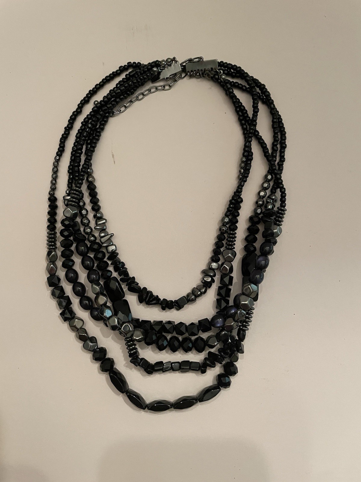 Vintage Black Crystal Like Multi-Strand Necklace: Elegant Beaded Jewelry 50”