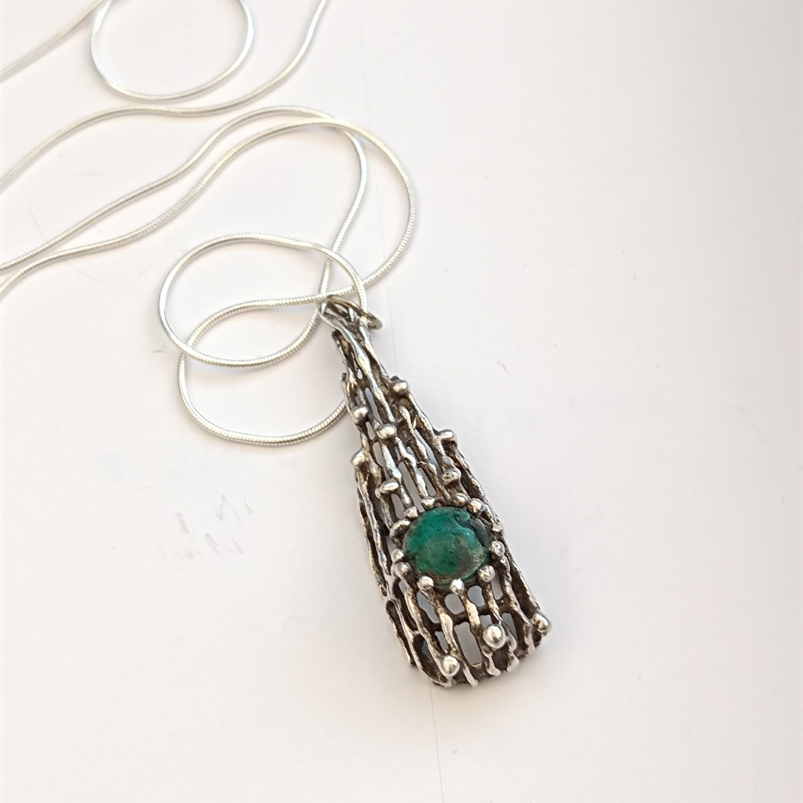 Modernist Brutalist Eilat Stone Pendant Necklace Sterling Silver Israeli 70s VTG