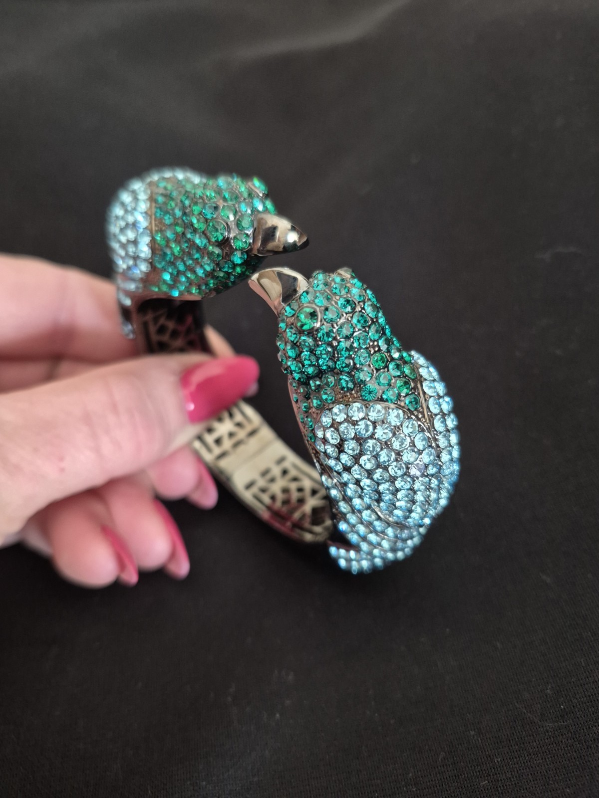 BLACK ENAMEL BLUE GREEN PAVE RHINESTONE PARROT BIRD BRACELET SIGNED