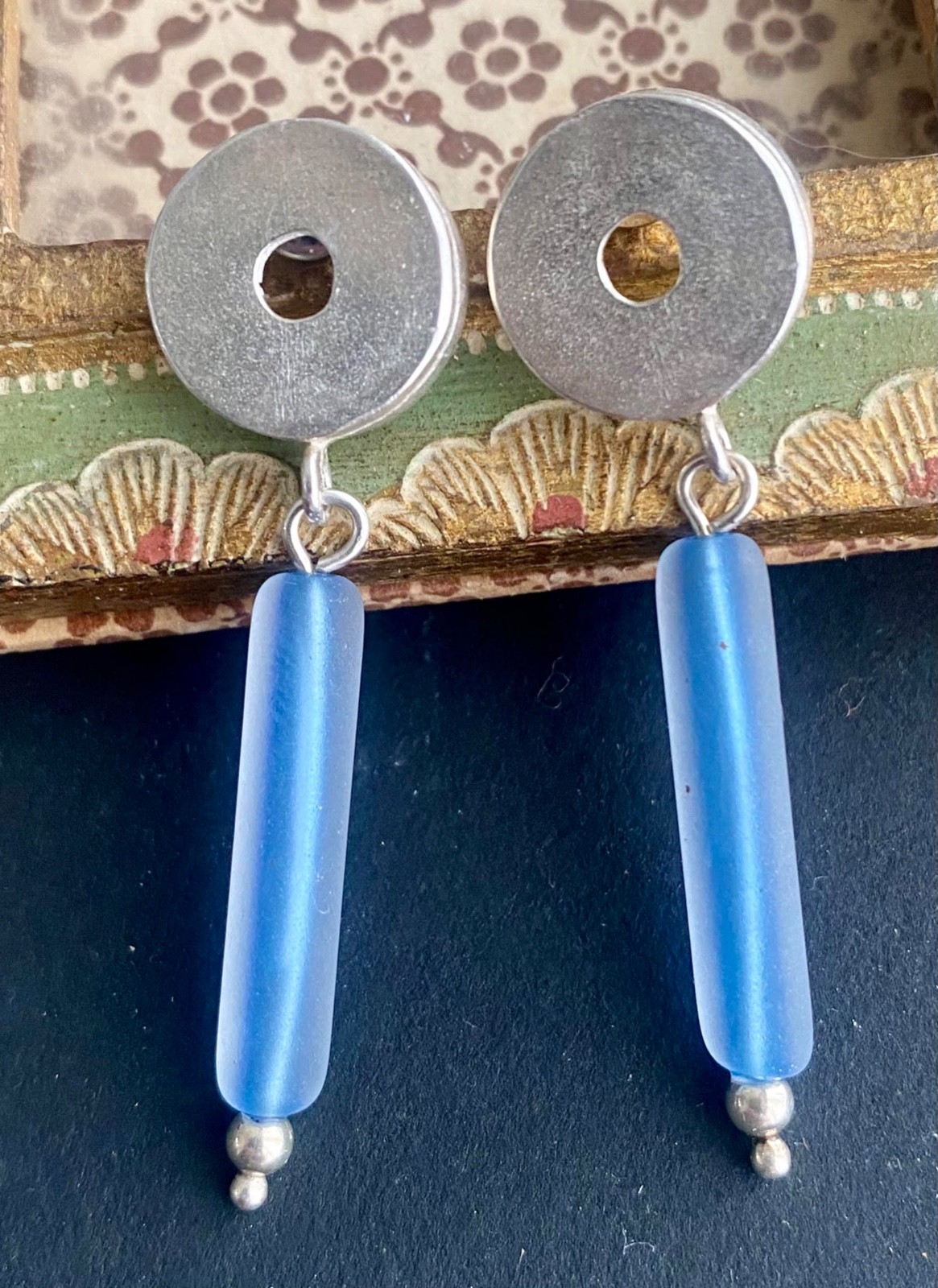 VTG 80s Handmade Sterling Silver Circle Earrings Frosted Blue Glass RISD Artisan