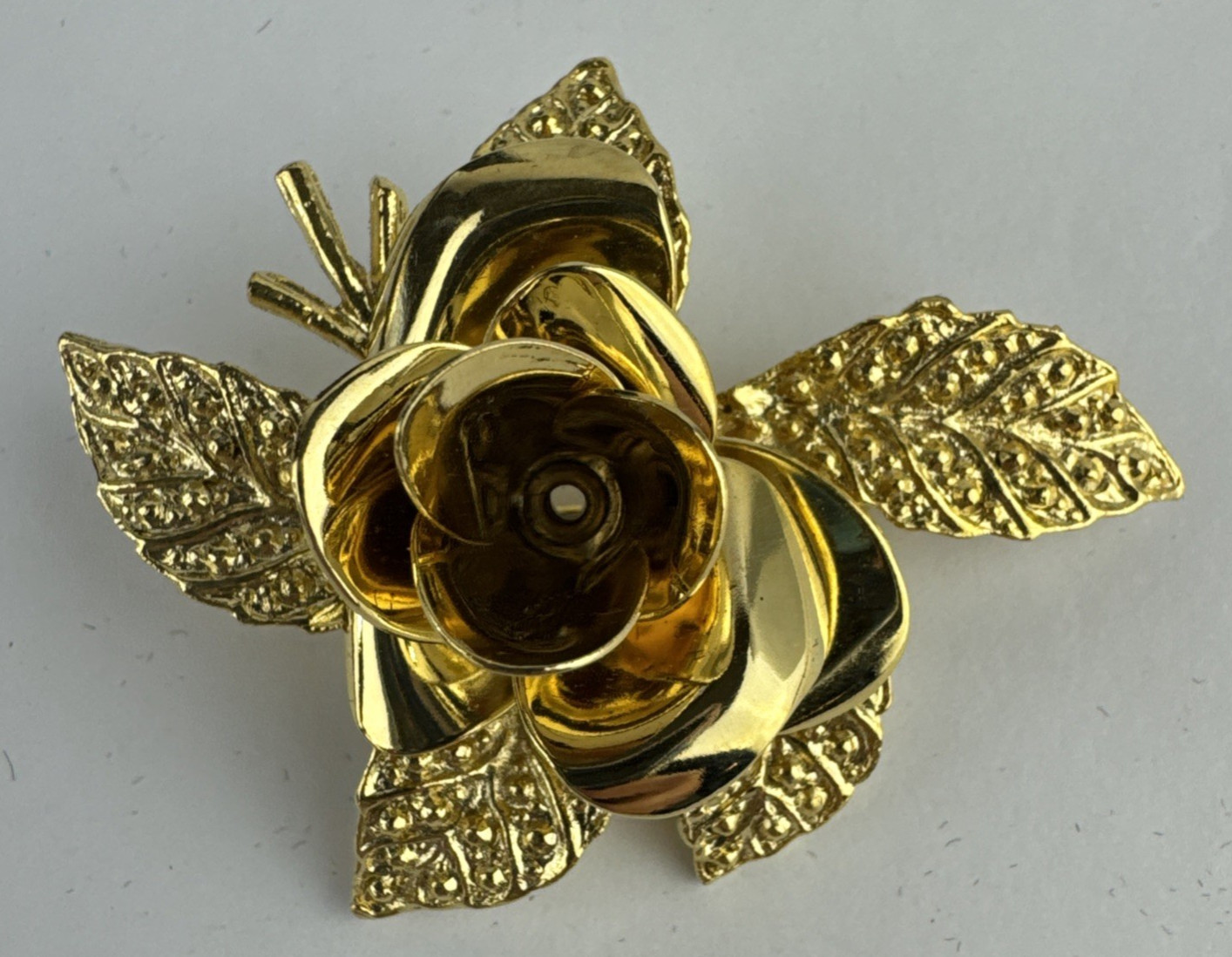 Tacoa Rose Brooch With Matching Earrings Textured Leaves Gold Tone