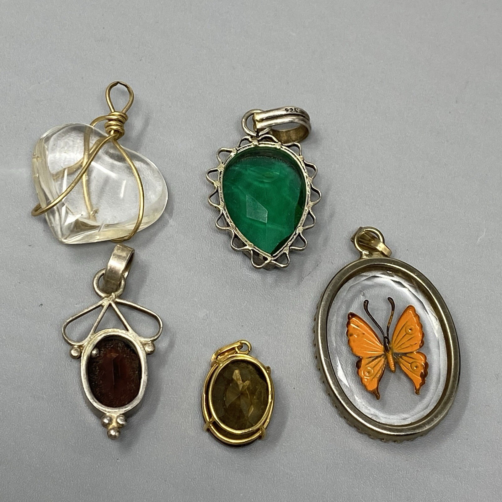 Pedant Lot of 5 Mixed Stone Glass Boho Artisan No Chain Quartz Heart Butterfly