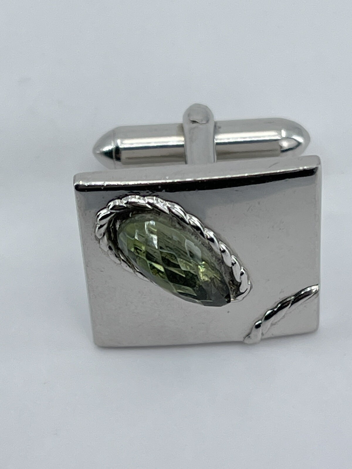 Vintage Swank mens cufflinks green teardrop faceted glass stone rope accents