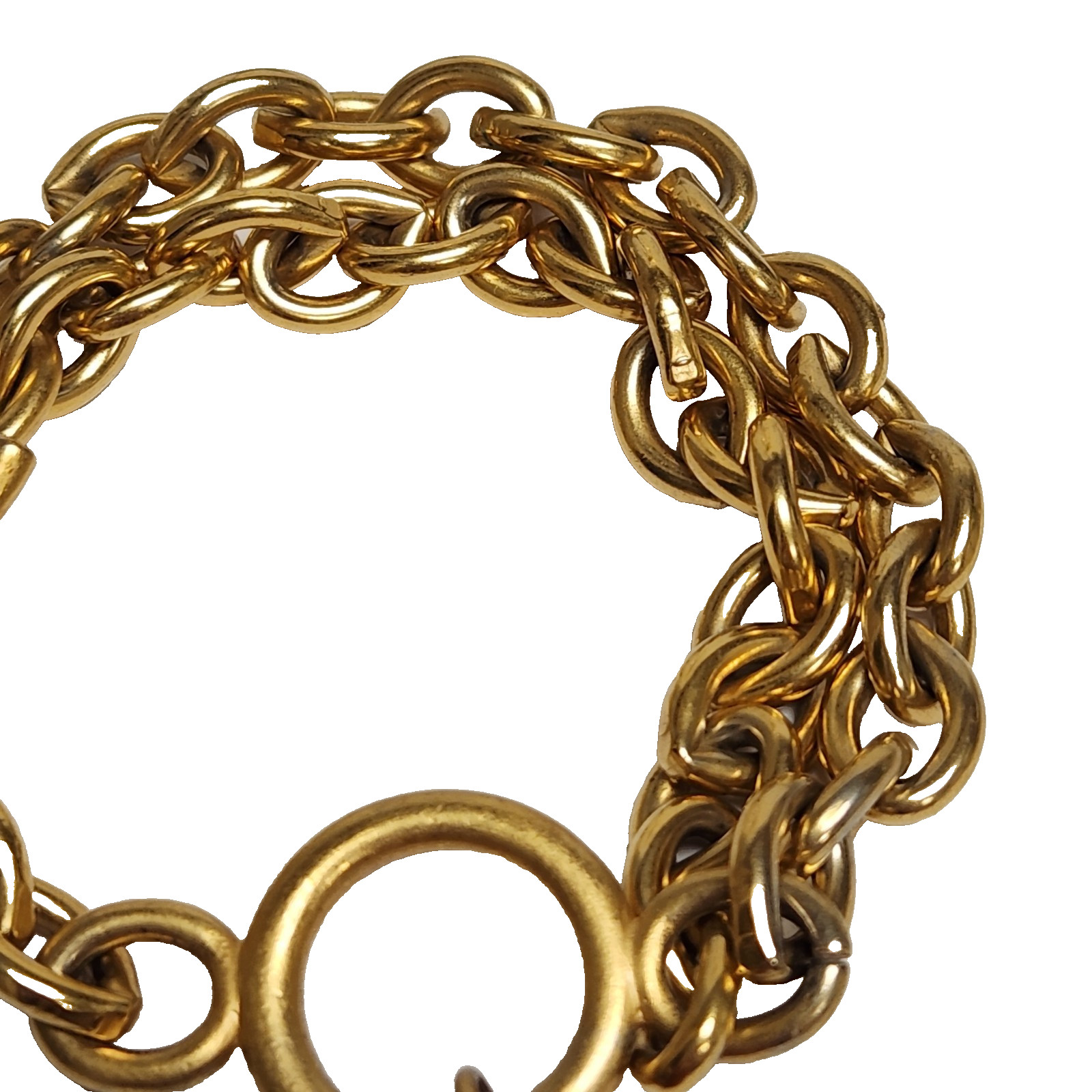 Vintage 80’s Brushed Gold Tone Double Rolo Link Toggle Bracelet Barrell Dangles