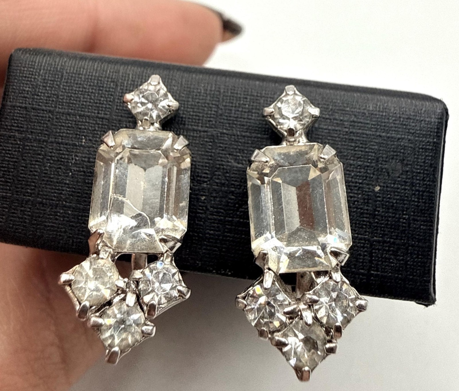 Vintage screw back emerald cut and round clear rhinestone stud earrings