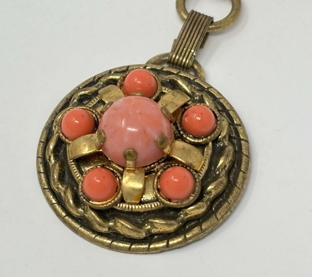 Vintage Etruscan Revival Style Book Chain Dangle Brooch Pin Faux Coral Cabochon