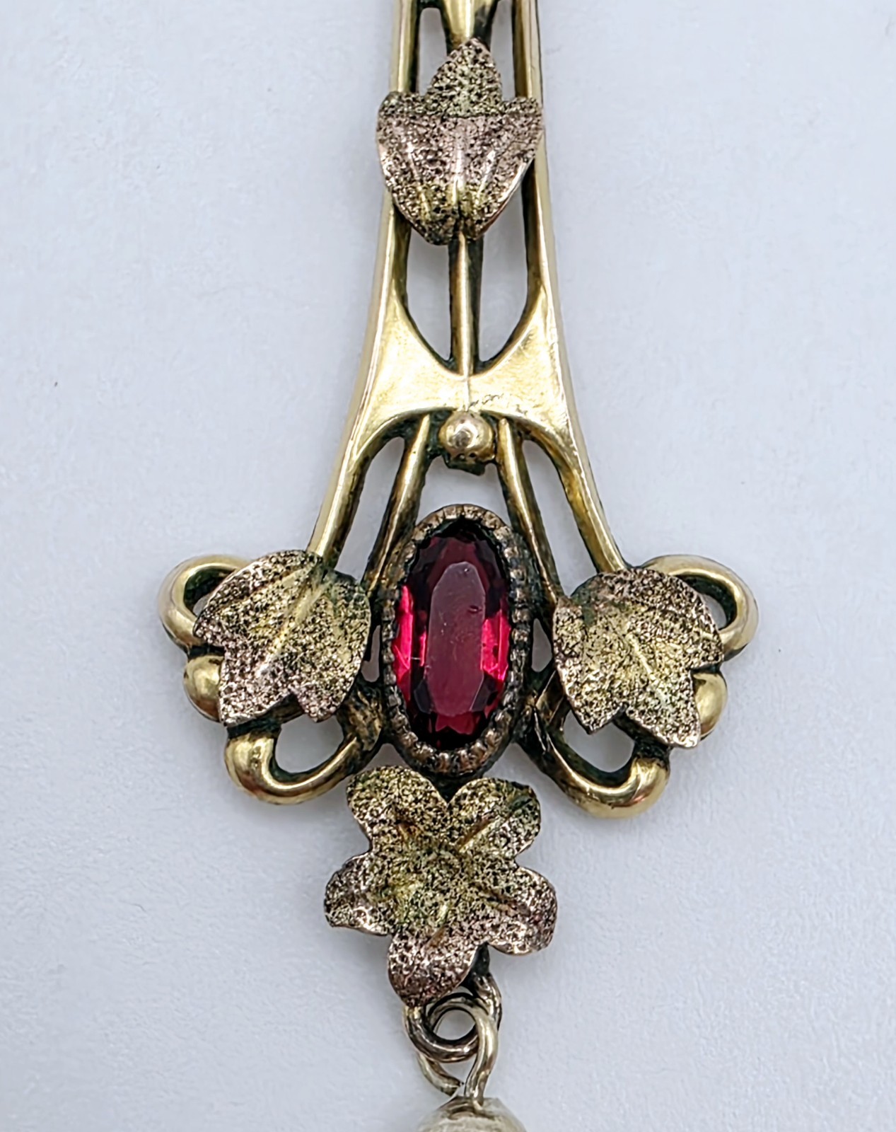 Antique Art Nouveau Lavalier Pendant Necklace Gold Filled Red Stone Pearl
