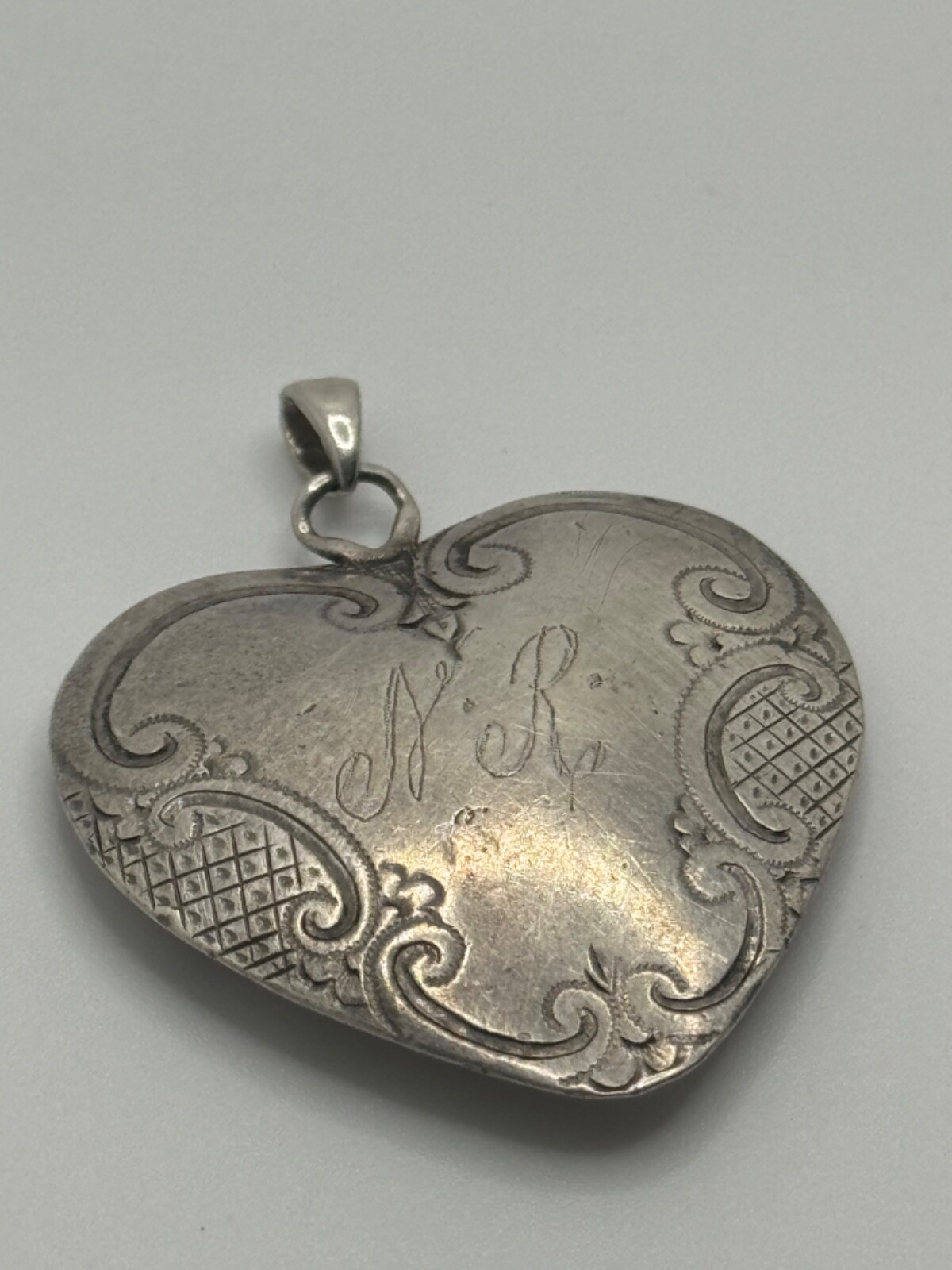 Antique Victorian Sterling Silver Monogram Engraved Heart Pendant
