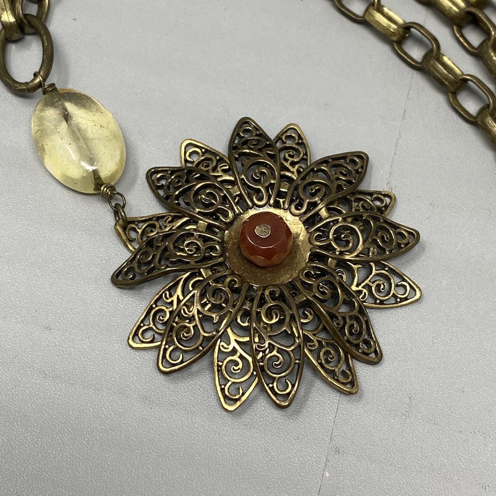 Lucky Brand Pendant Necklace Brass Gold Tone Layered Flower Chunky Long 36″