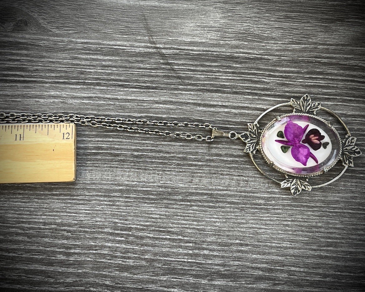 Vintage purple flower orchid in lucite acrylic and metal pendant Necklace
