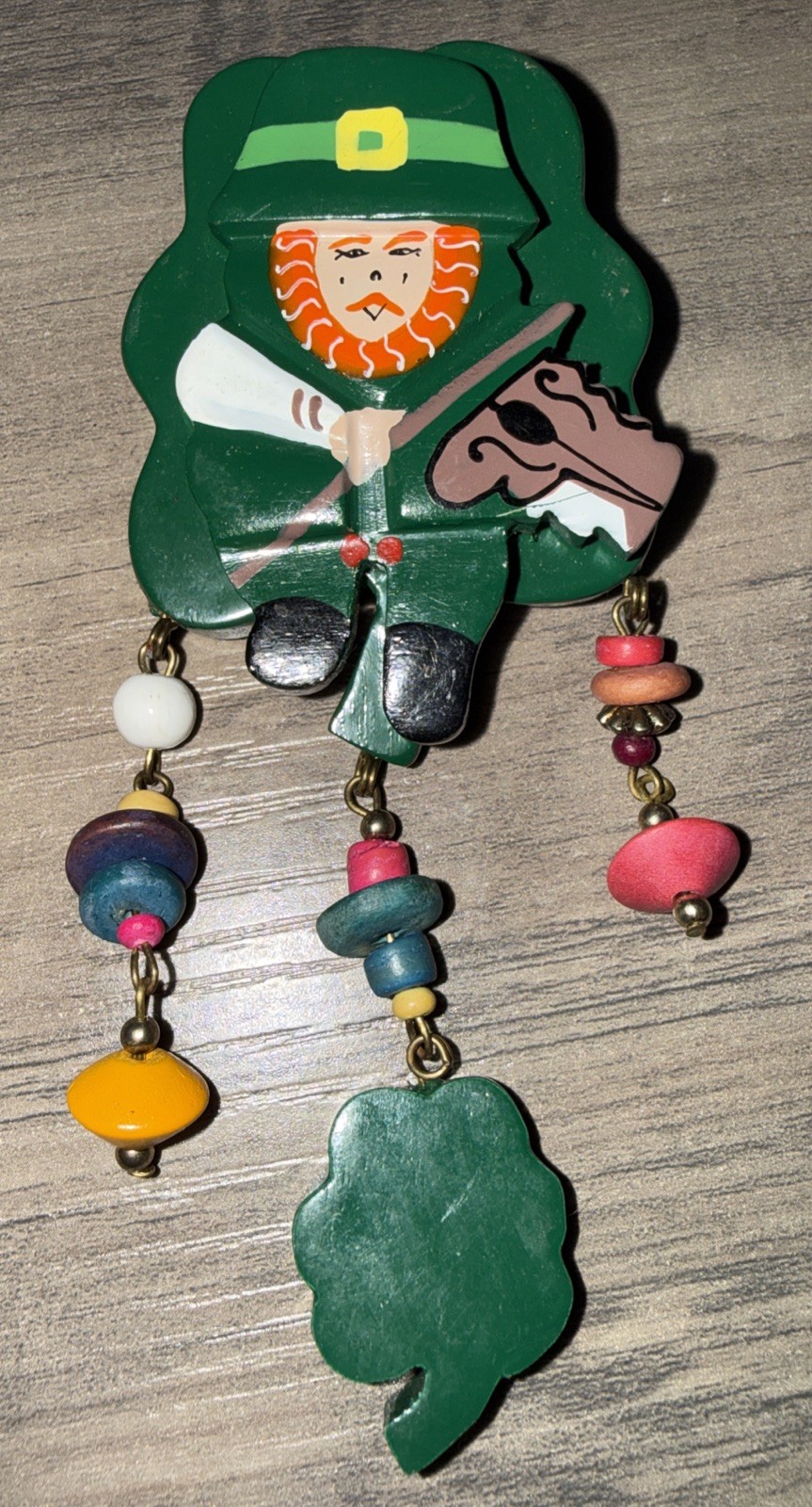 Vintage Wood St Patrick’s Day Leprechaun Shamrock Wood Bead Charms Brooch