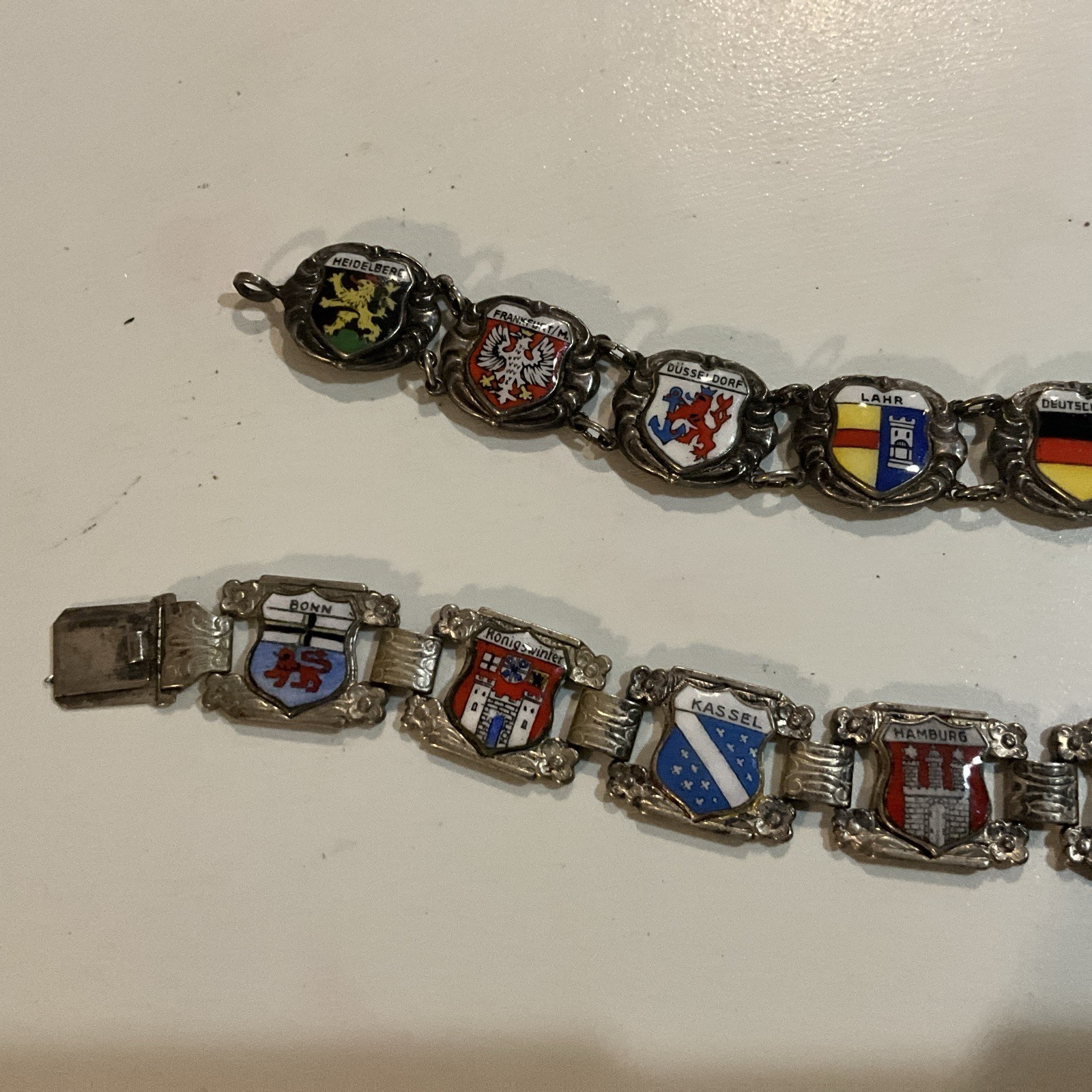 2 Vintage Coat Of Arms Heraldic Enamel Panel Bracelet 1950s GERMANY SILVERPLATED