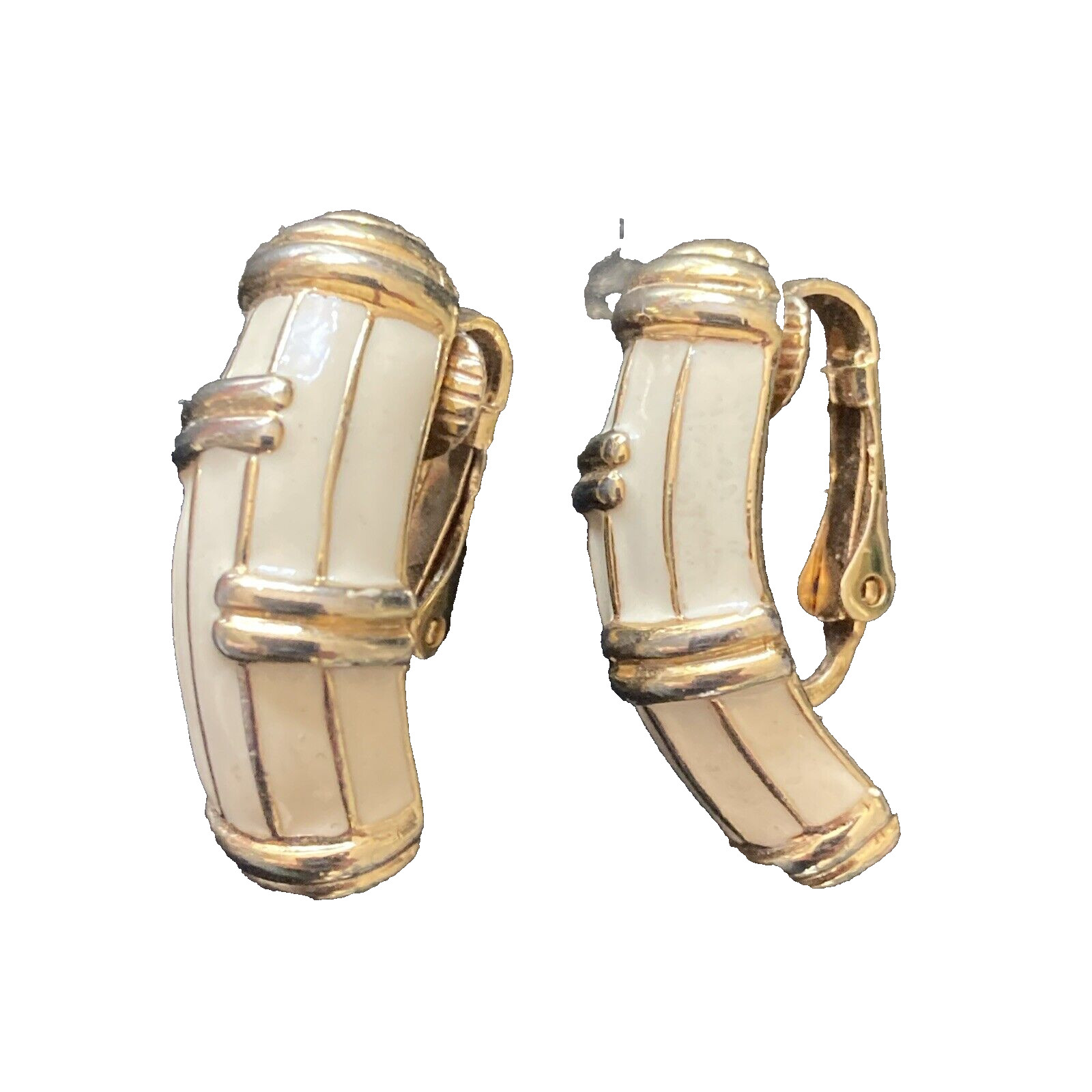 Vintage Ivory Cream and Gold Tone Enamel Clip On Earrings
