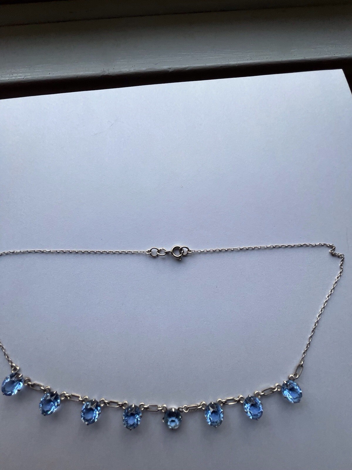 Antique Art Deco Sterling Silver Bezel Set Blue Crystal Necklace 17 Inches