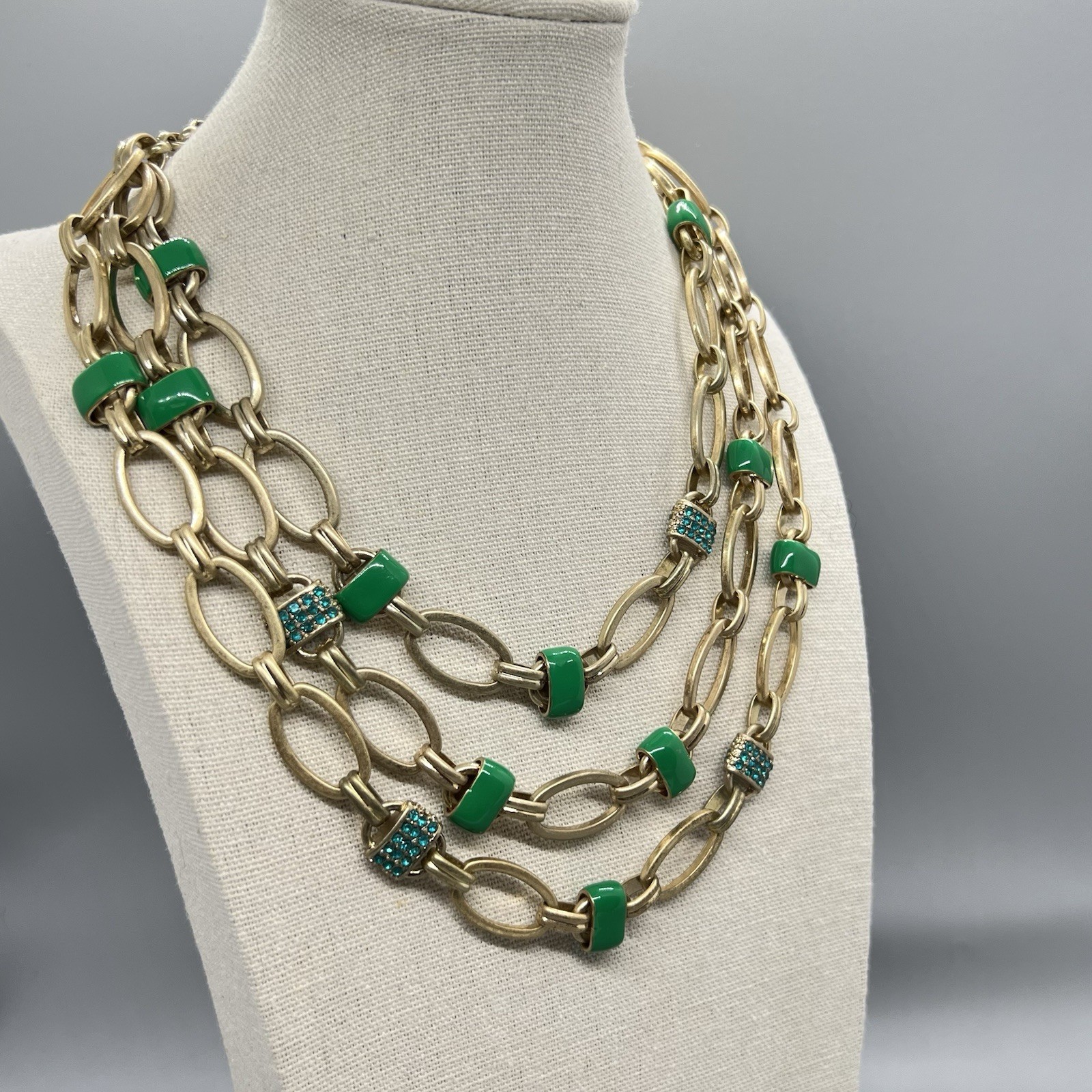 Coldwater Creek Green Enamel Blue Rhinestone Multi Strand Necklace Gold Tone