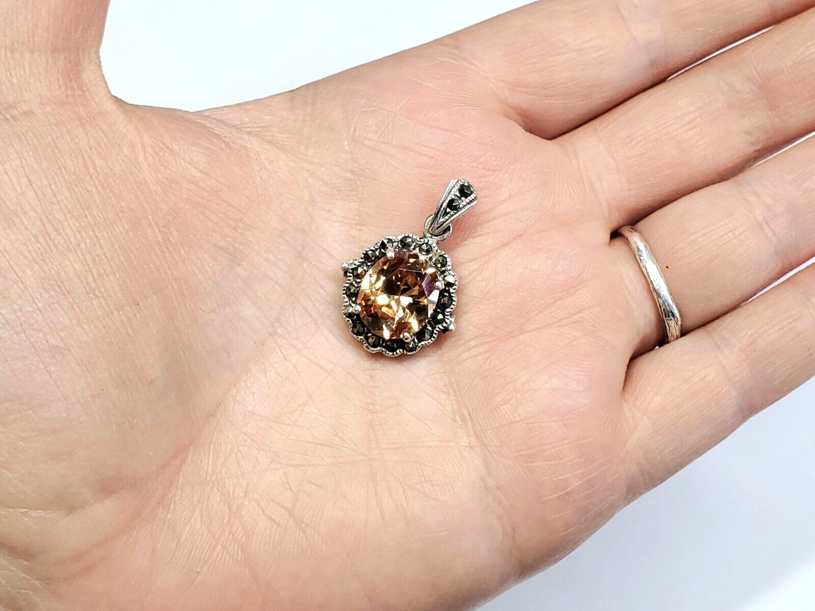 Vintage 1980s Signed Marsala Marcasite Faceted Peach Citrine Round Oval Pendant