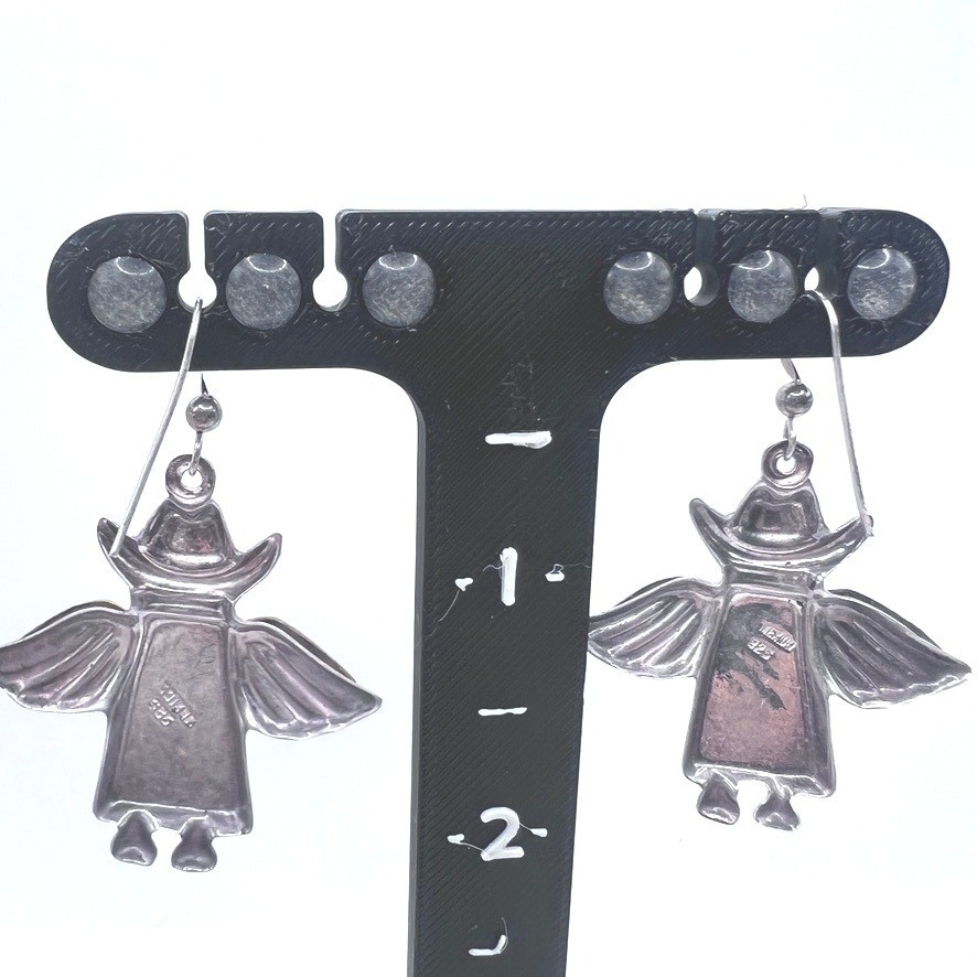 Vtg Sterling Silver Mexico Cowboy Angel Dangle Earrings Two Tone Wings Hat