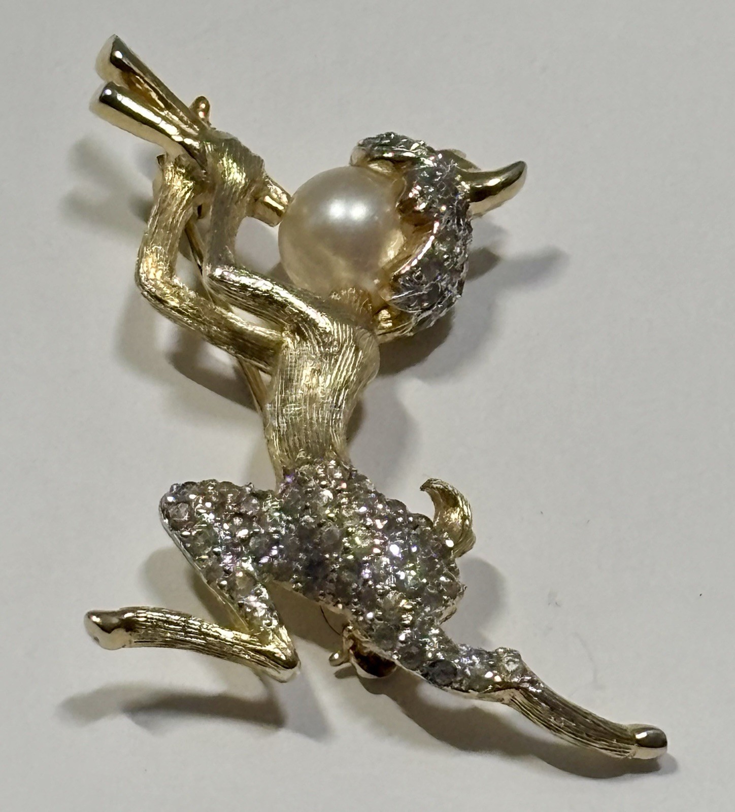 Vintage Gold Tone Pan Satyr Faun Brooch Pin Faux Pearl Rhinestone Mythological