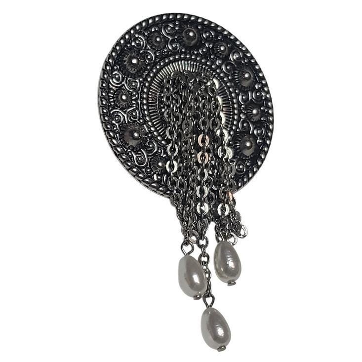 Vintage Silver Tone Medallion Chain Fringe Earrings Faux Pearl Boho Statement