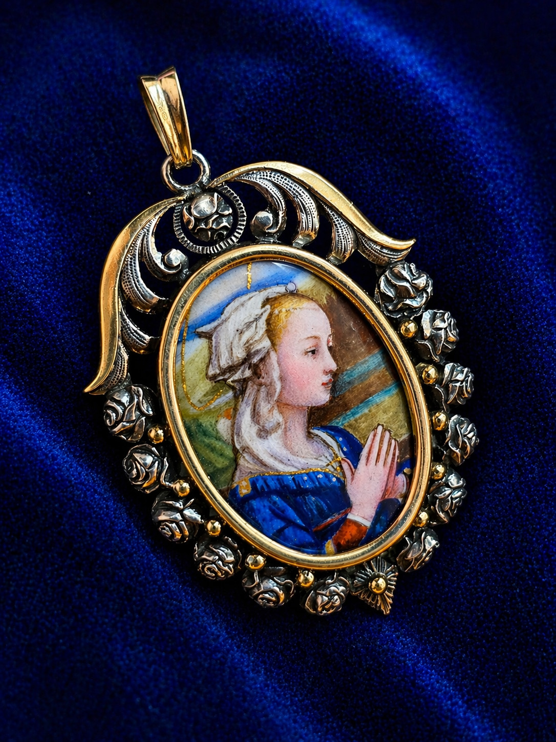 Antique Art Nouveau Silver & 18K Gold Enamel Virgin Pendant Hand Painted Medal