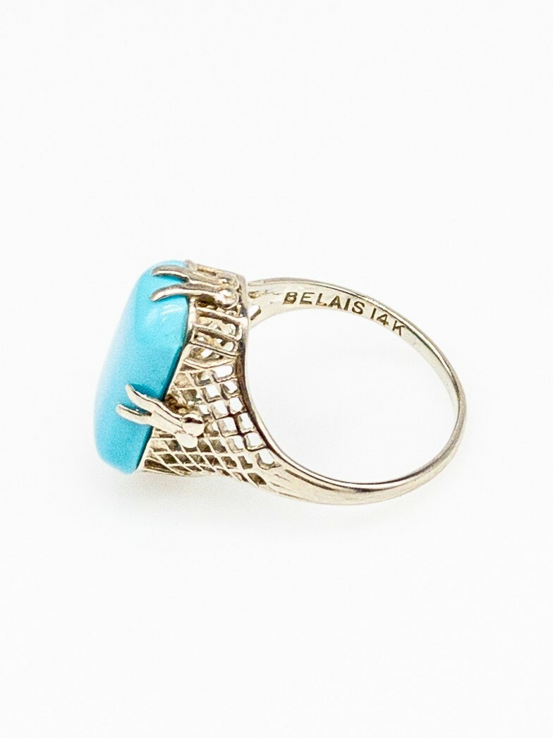 Antique 1920s 3ct Natural Cushion Cut Turquoise 14k White Gold Filigree Ring BIG
