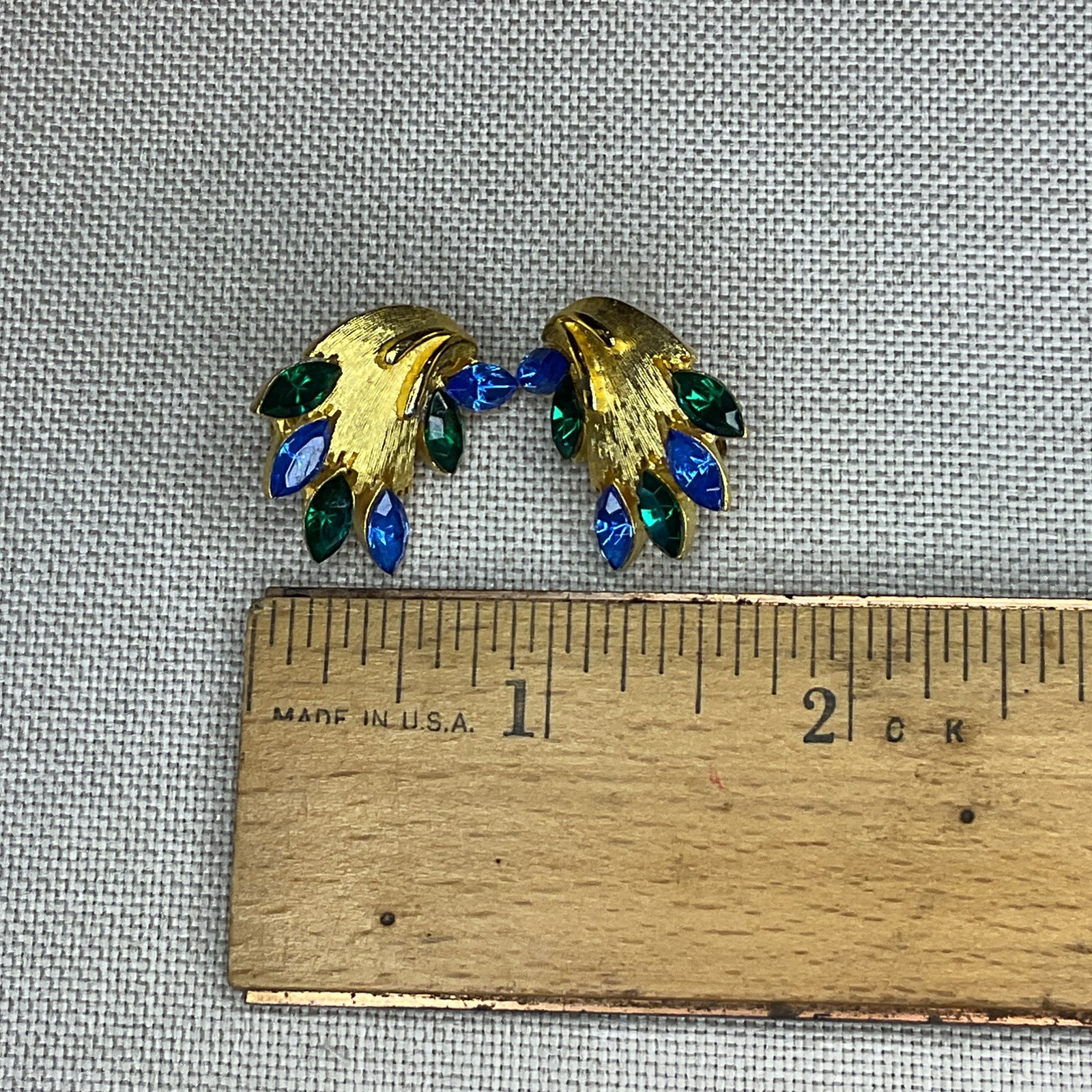 Vintage Signed JJ Brooch Pin Clip Earrings Set Gold Tone Navette Rhinestones
