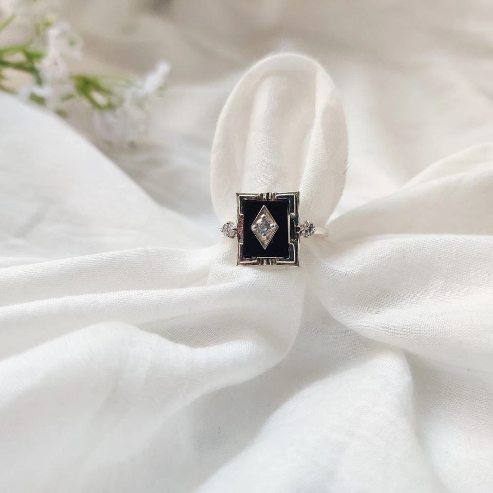 Art Deco Style Lab-Created Diamond & Black Onyx 14K Wedding White Gold FN Ring