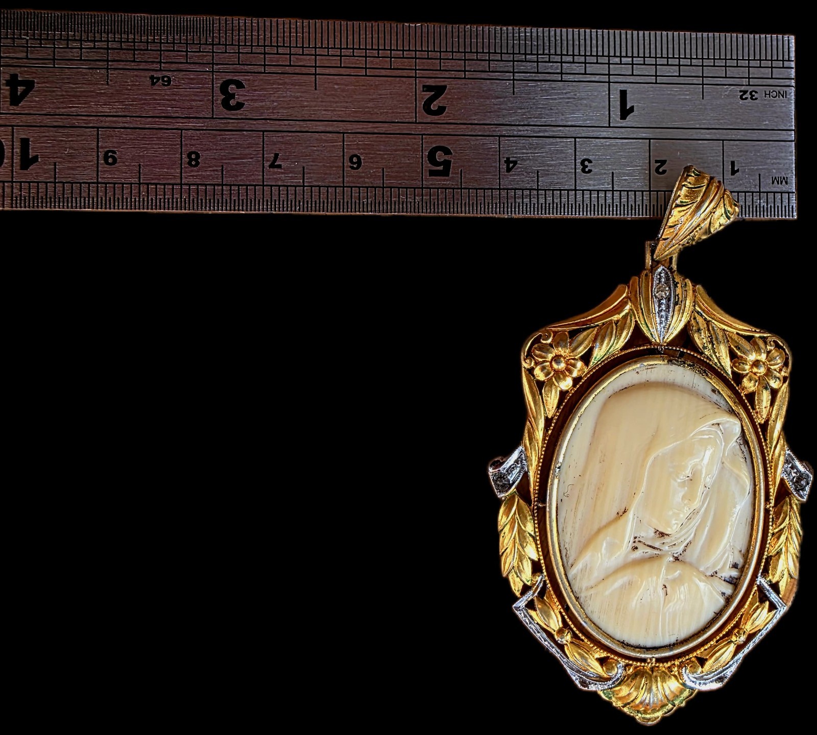Fine Antique European Art Deco Bronze Gold Virgin Mary Pendant Medal Ca 1900