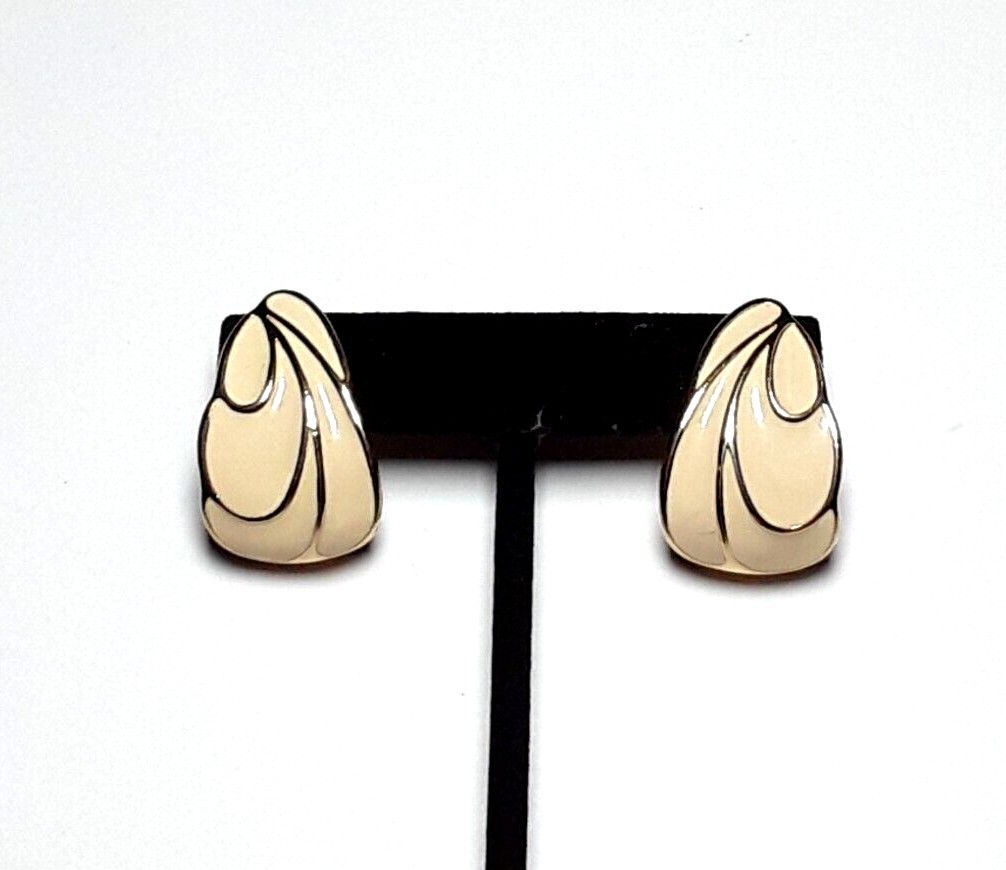 TRIFARI Ivory Gold Tone Enamel Half Hoop Pierced Earrings