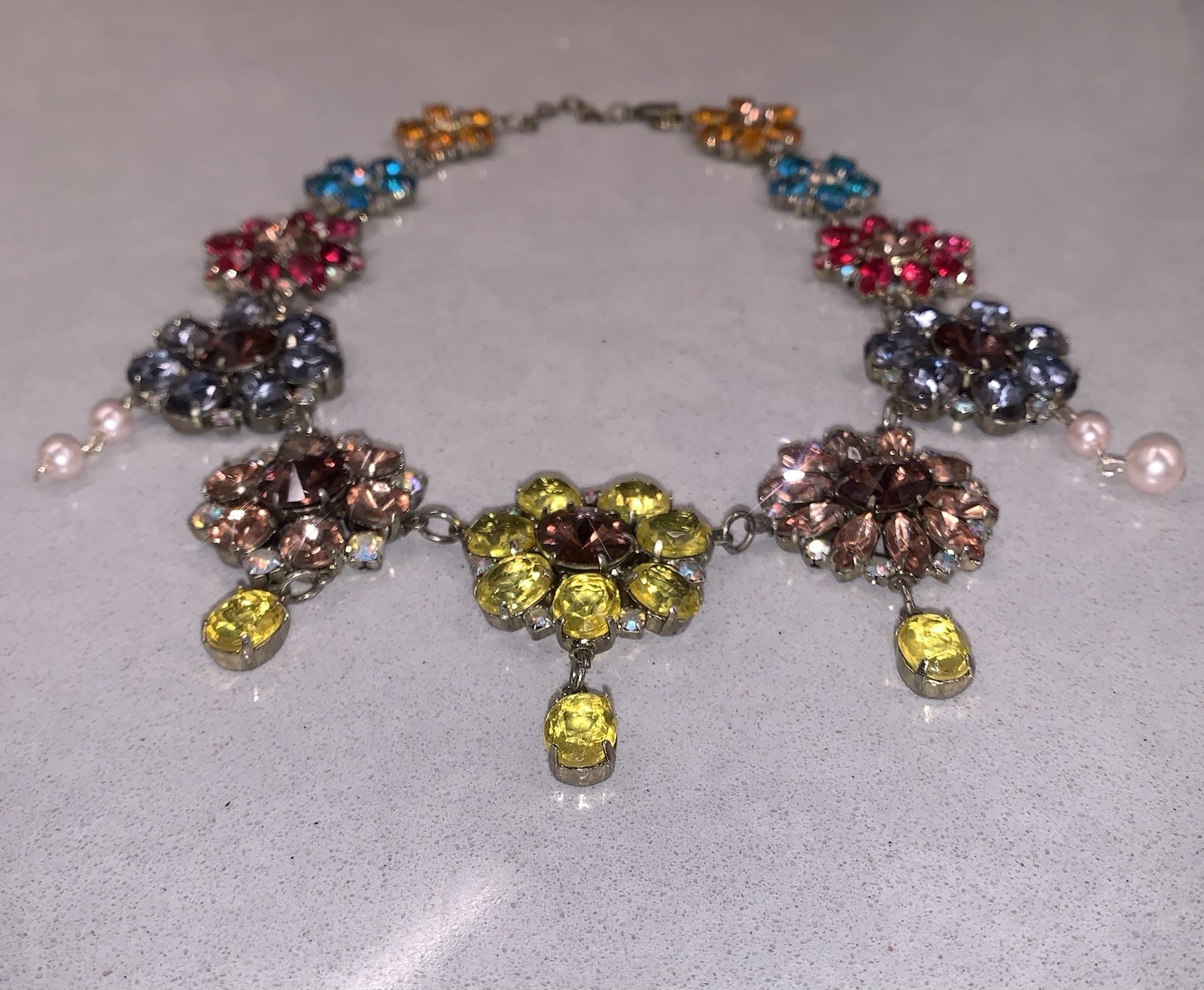 Multi Flower Crystal Colorful Floral Festoon Bib Necklace
