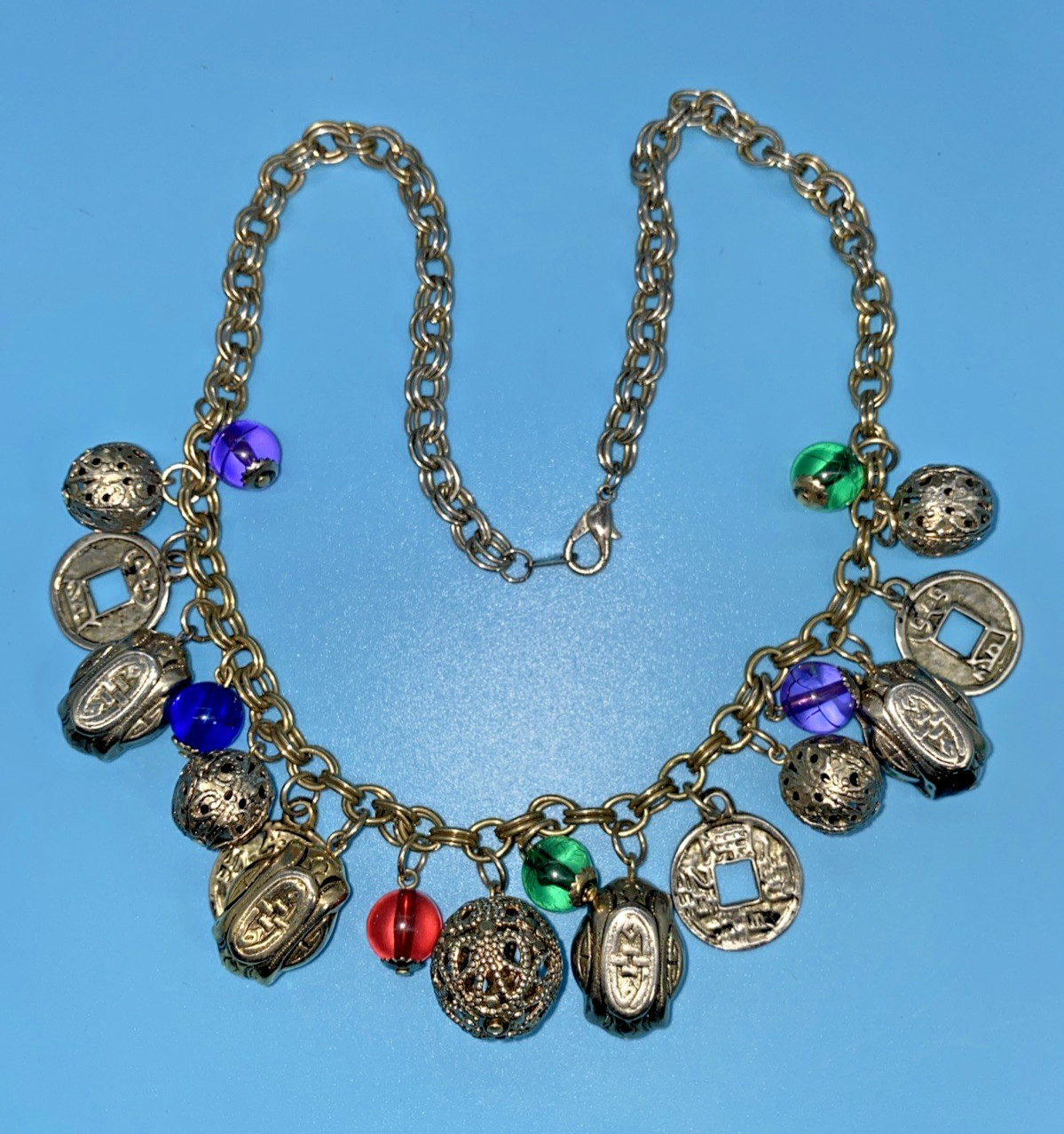 Oriental Charm Choker 20” Necklace Silver-Tone Chain Faux Coins Beads VTG