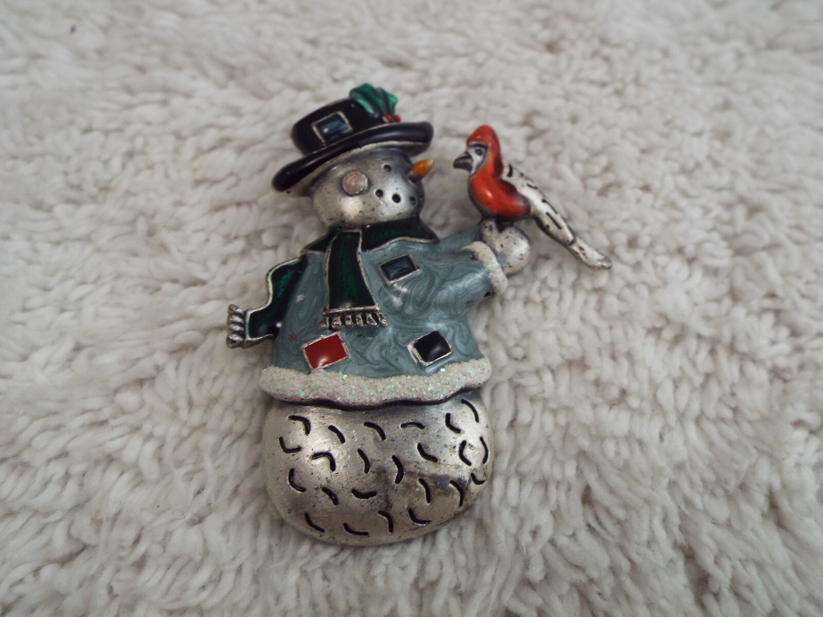 Pewter Colorful Snowman Red Cardinal Bird Christmas Pin (A53)