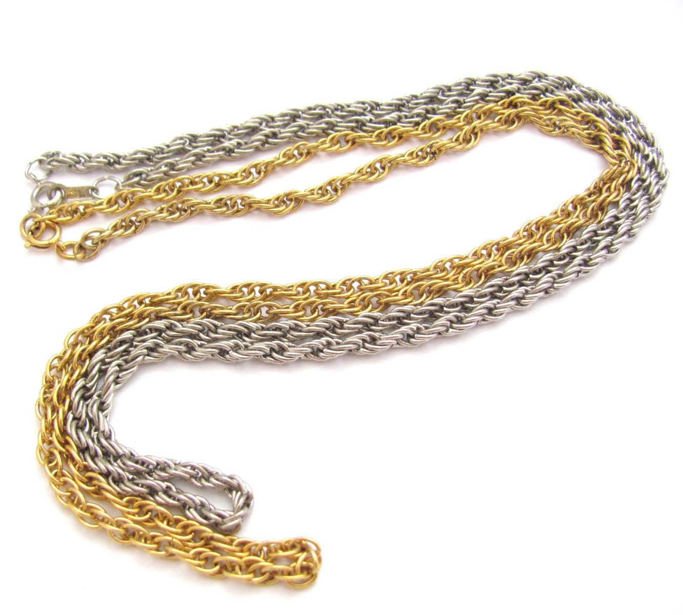 2 Rope Chain Necklaces Vintage Gold Plate and Silver Tone Clean Costume Jewelry